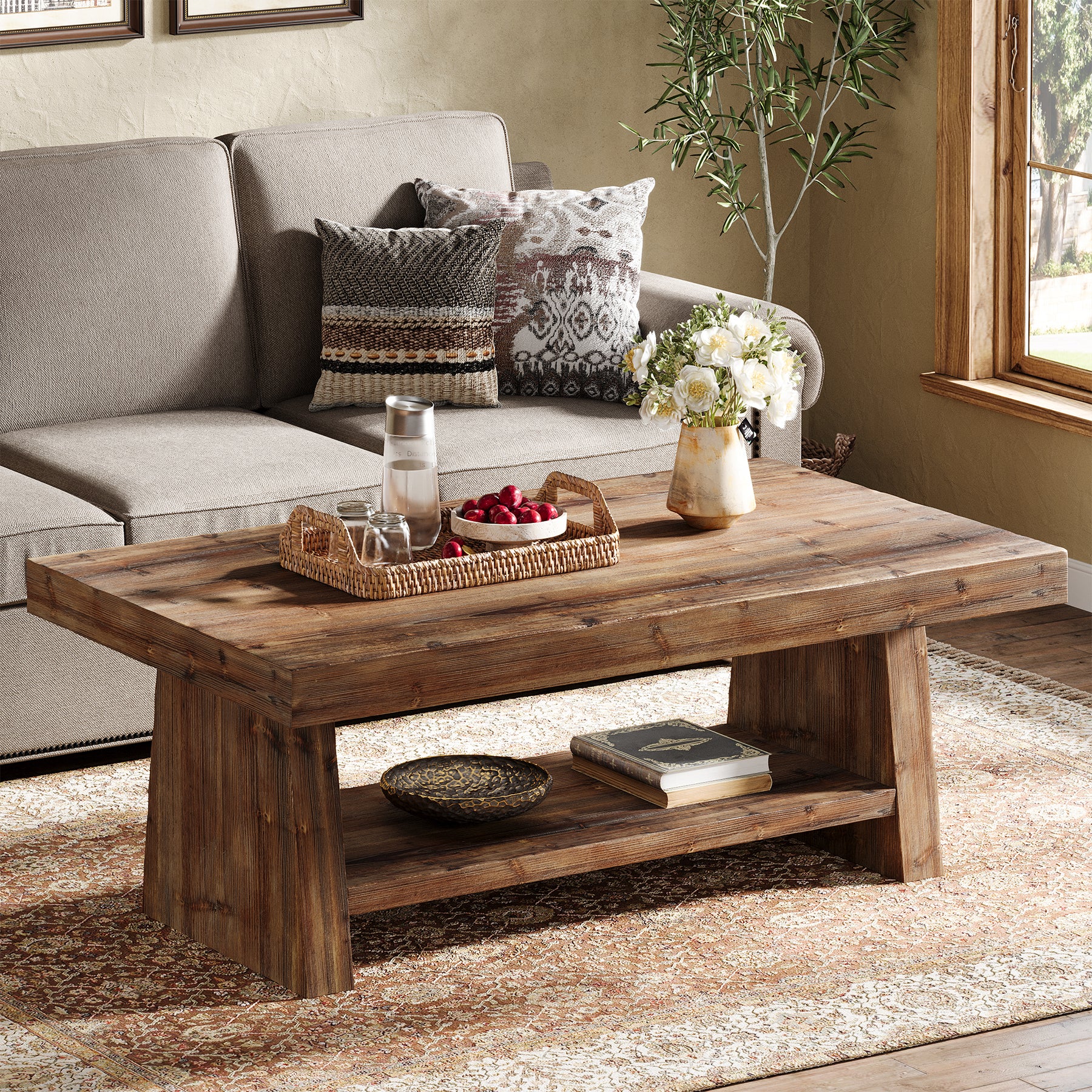 2-Tier Solid Wood Coffee Table, 47" Farmhouse Wood Center Table with Storage - Image 10