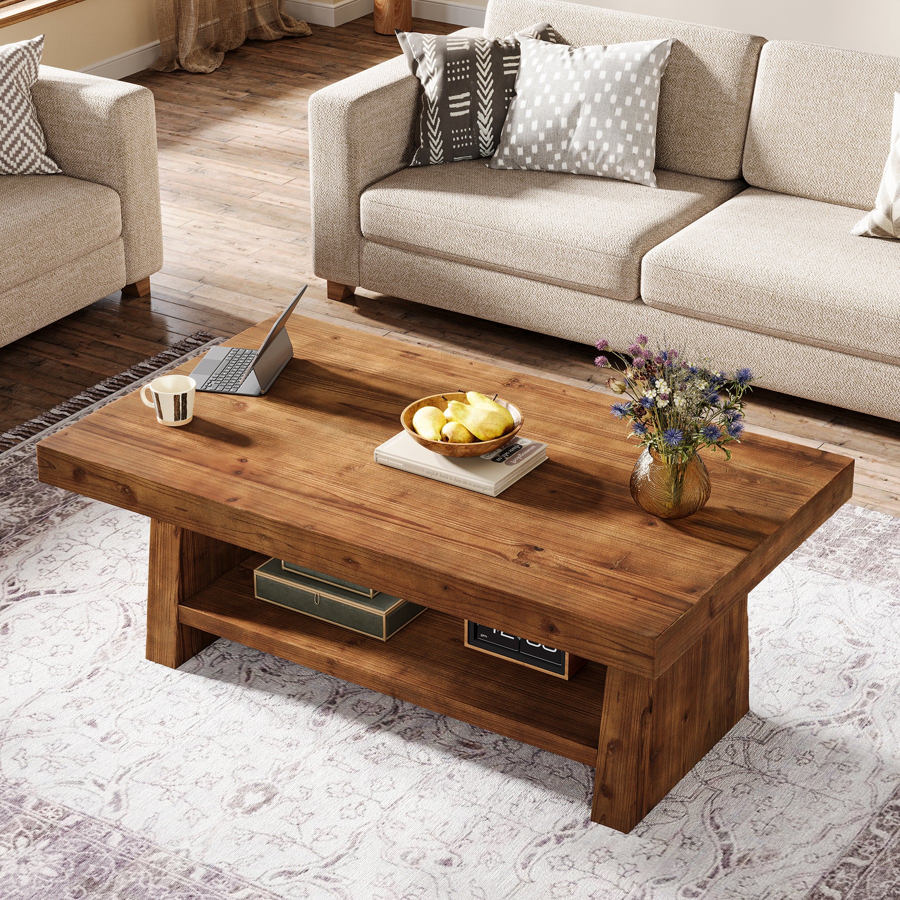 2-Tier Solid Wood Coffee Table, 47" Farmhouse Wood Center Table with Storage - Image 4