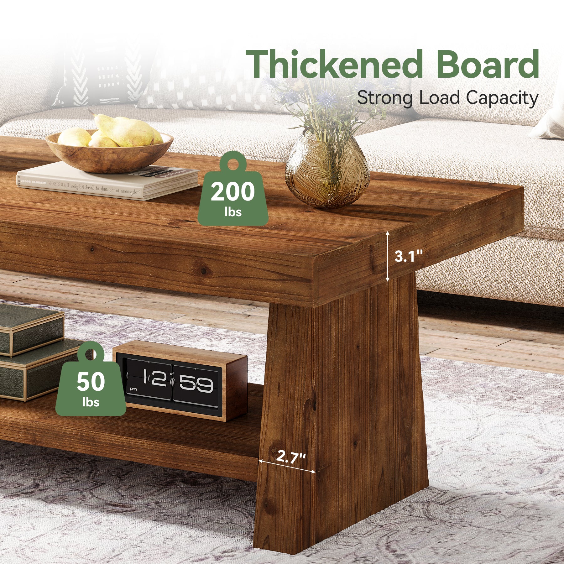 2-Tier Solid Wood Coffee Table, 47" Farmhouse Wood Center Table with Storage - Image 8