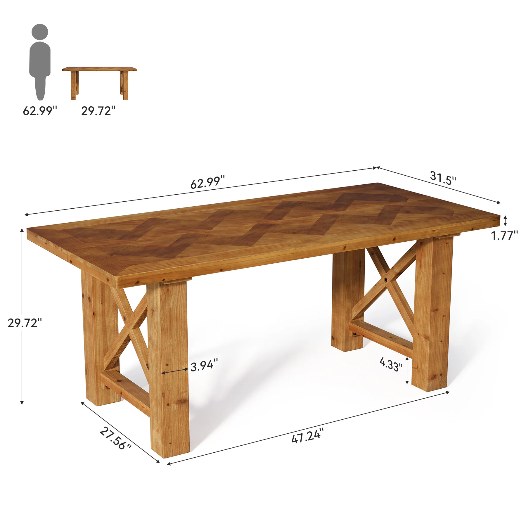 63" Solid Wood Dining Table for 4-6, Rectangle Kitchen Table with X-Shaped Frame - Image 2