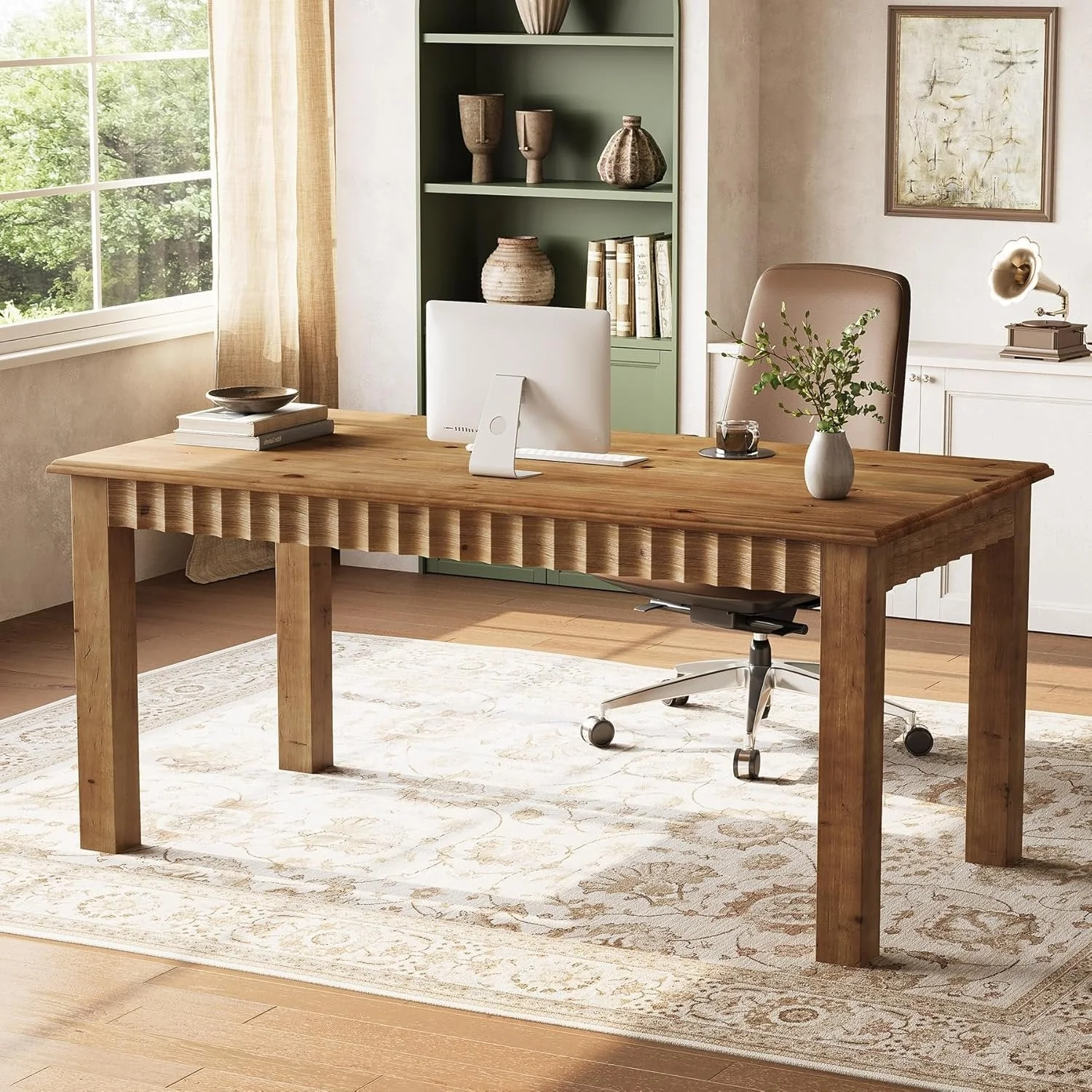 Solid Wood Computer Desk, 63 Inch Home Office Desk with Sturdy Wood Legs