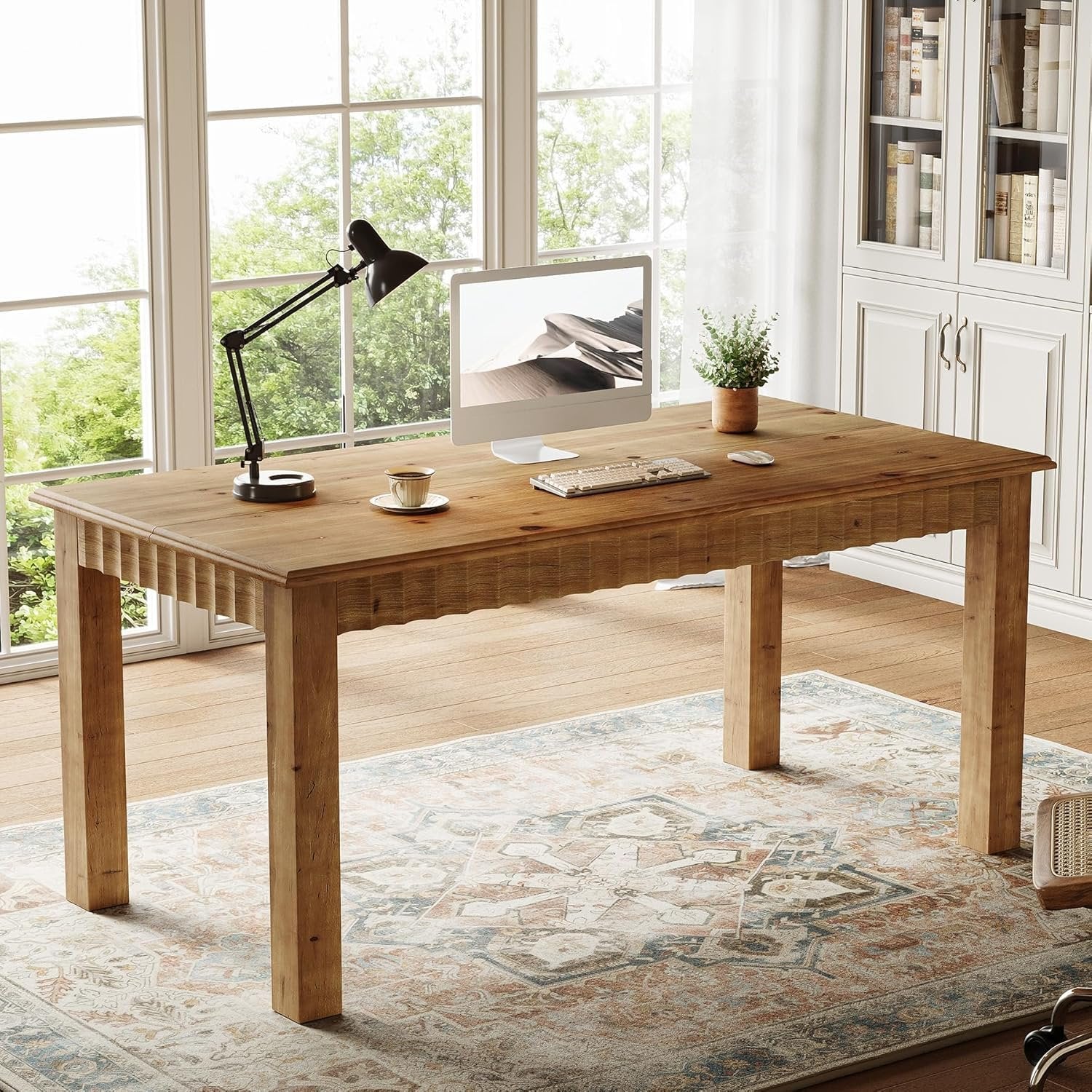 Solid Wood Computer Desk, 63 Inch Home Office Desk with Sturdy Wood Legs - Image 3