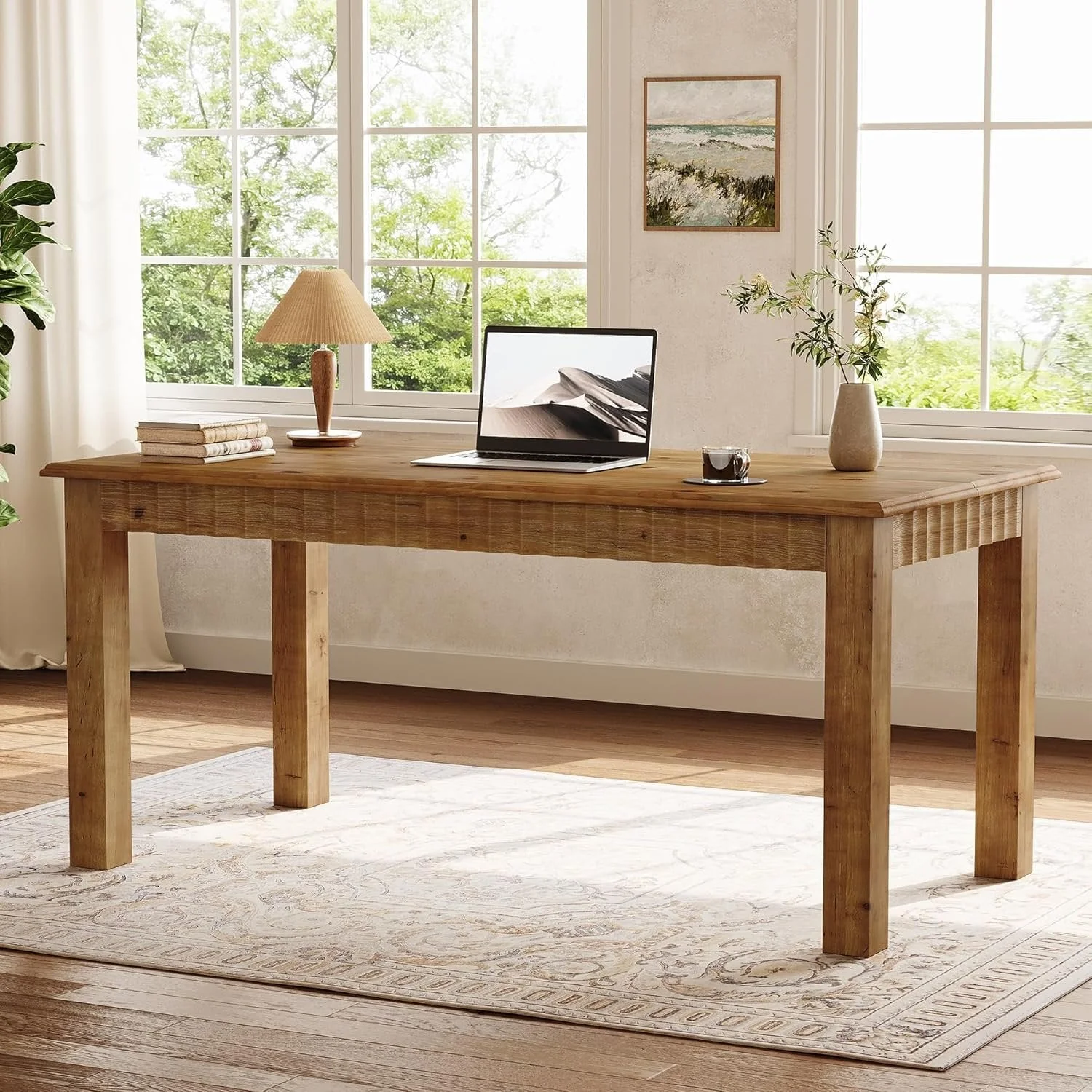 Solid Wood Computer Desk, 63 Inch Home Office Desk with Sturdy Wood Legs - Image 4