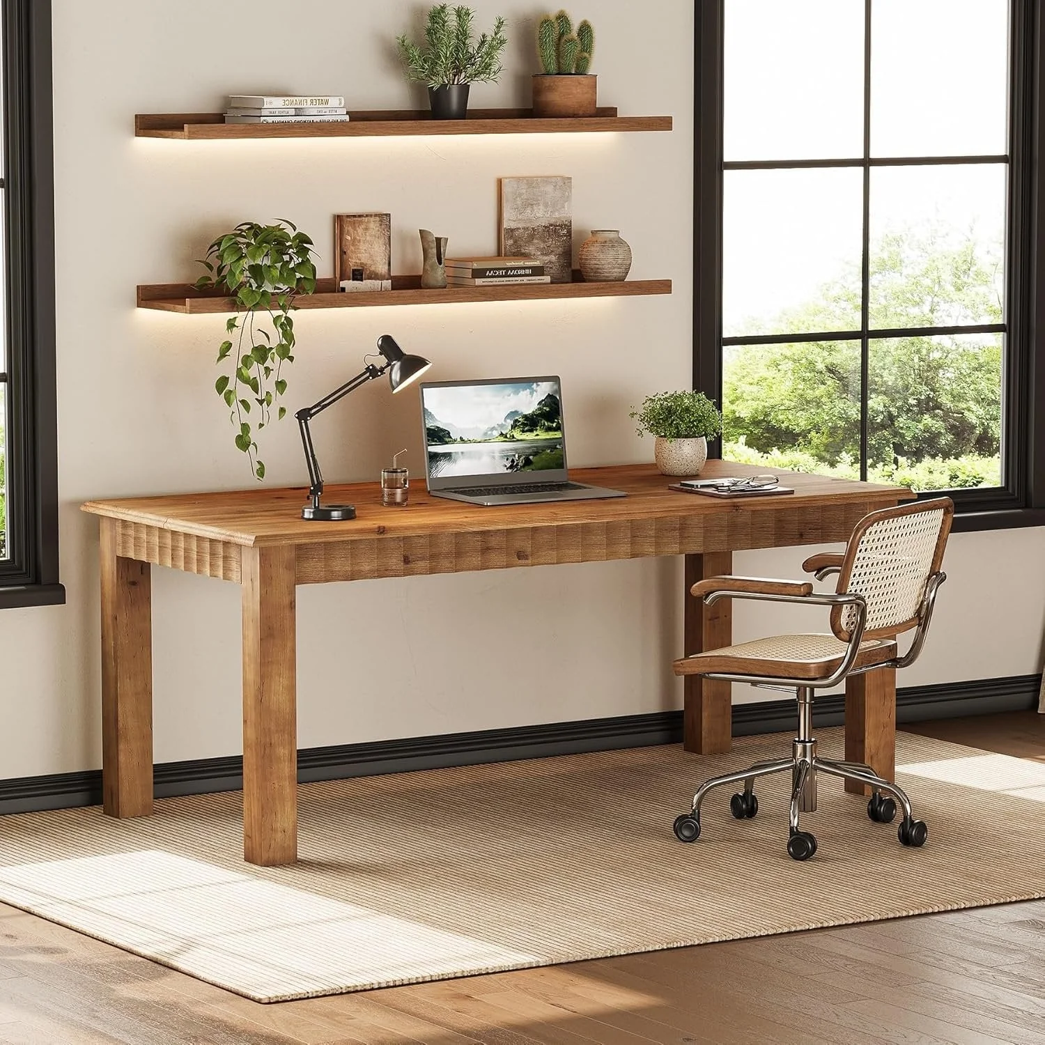 Solid Wood Computer Desk, 63 Inch Home Office Desk with Sturdy Wood Legs - Image 6