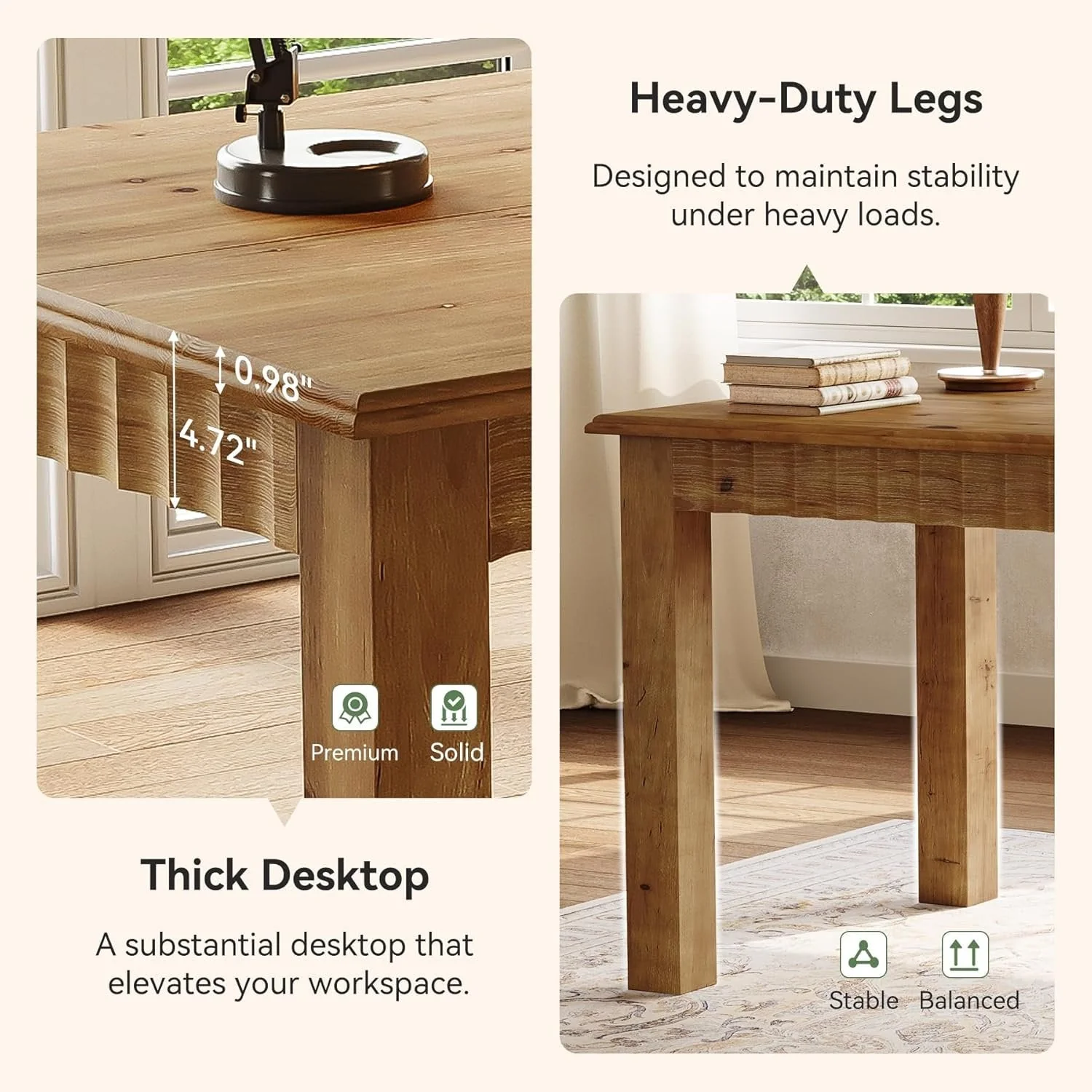 Solid Wood Computer Desk, 63 Inch Home Office Desk with Sturdy Wood Legs - Image 7
