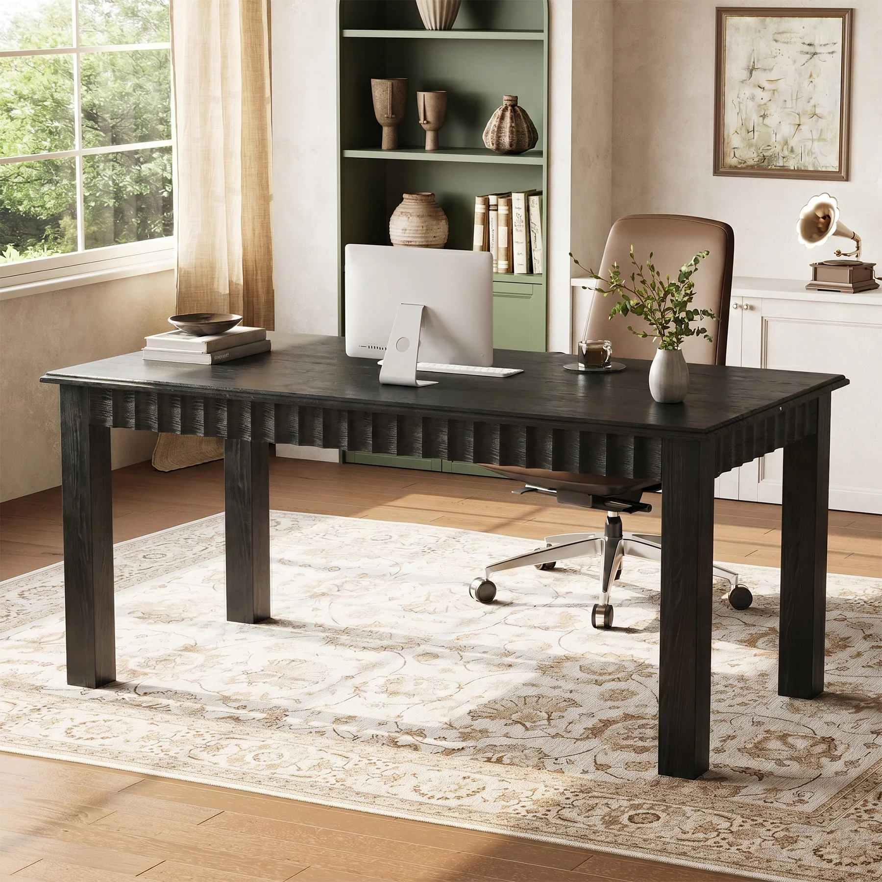 Solid Wood Computer Desk, 63 Inch Home Office Desk with Sturdy Wood Legs - Image 9