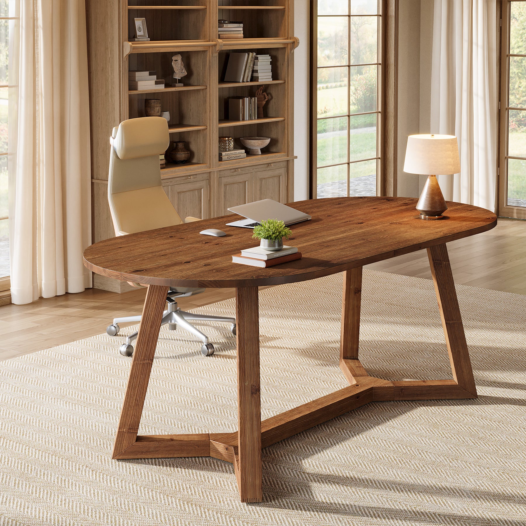 Solid Wood Computer Desk, 63" Oval Executive Desk with Sturdy Tapered Legs - Image 5