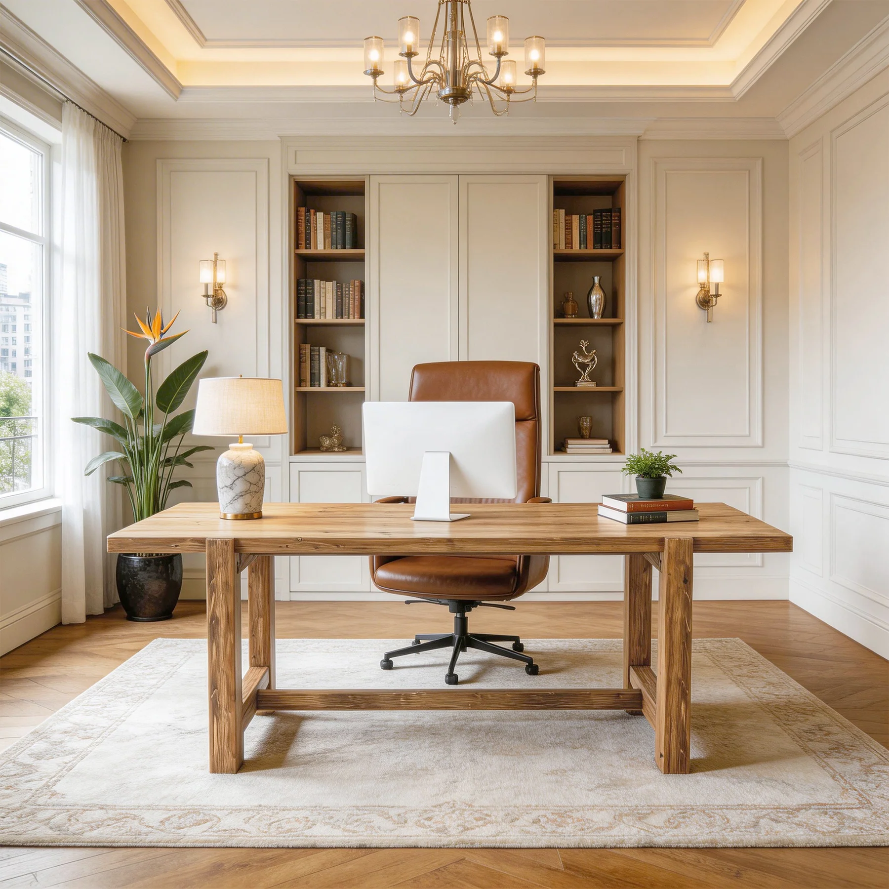 63 Inch Solid Wood Computer Desk, Farmhouse Executive Office Desk for Home Office Workspace - Image 5