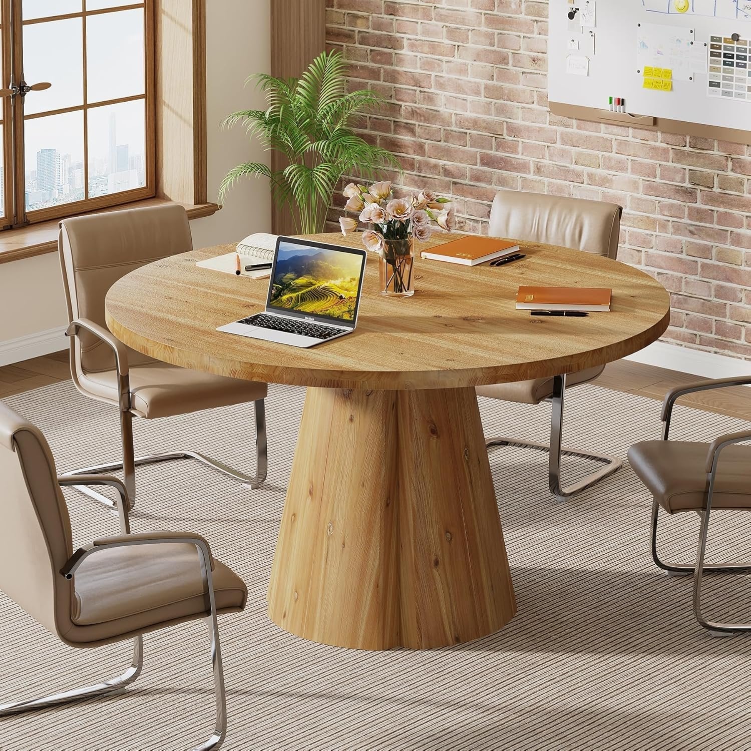 Solid Wood Conference Table, 47.24" Round Meeting Table for 4-6 People - Image 3