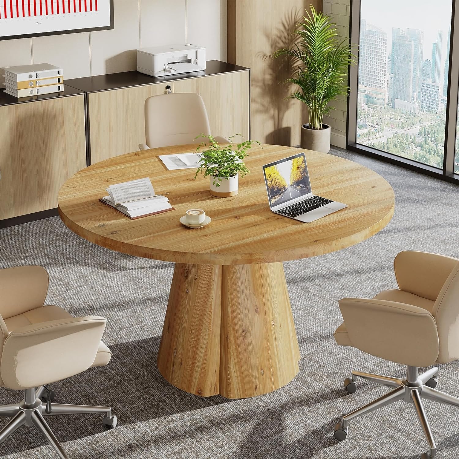 Solid Wood Conference Table, 47.24" Round Meeting Table for 4-6 People - Image 6