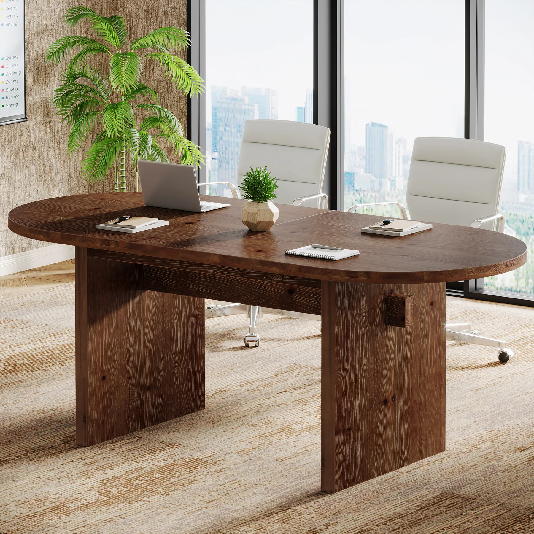 Solid Wood Conference Table, 63" Oval Executive Desks with Wood Base