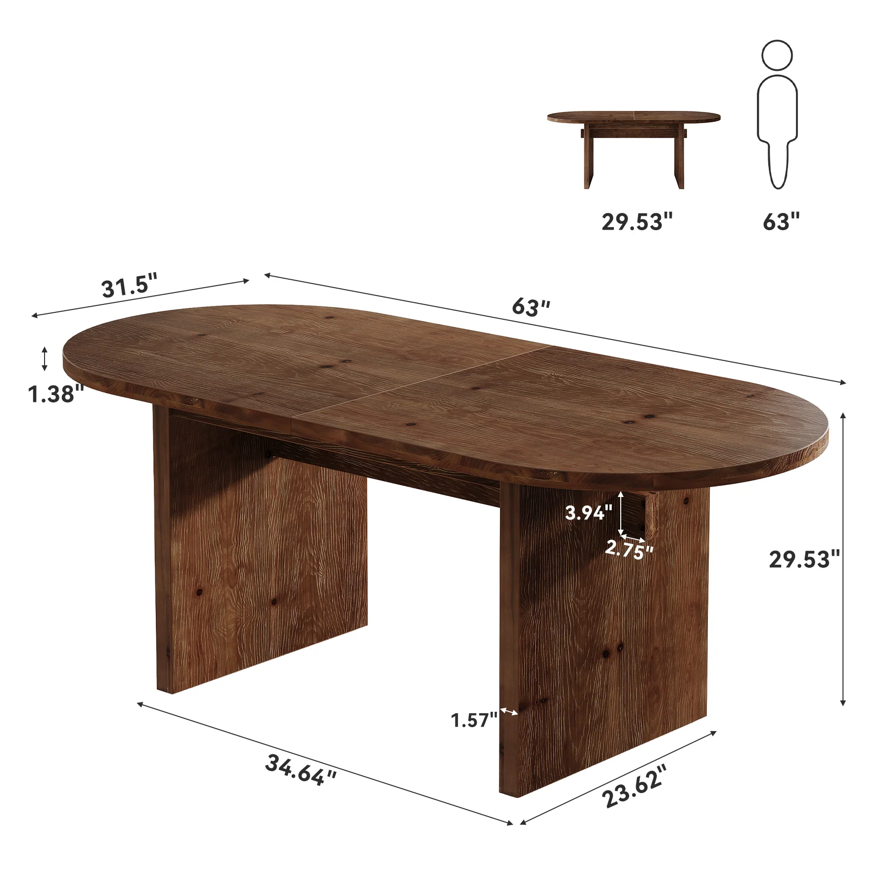Solid Wood Dining Table, 63" Oval Kitchen Dinner Table for 4-6 - Image 2