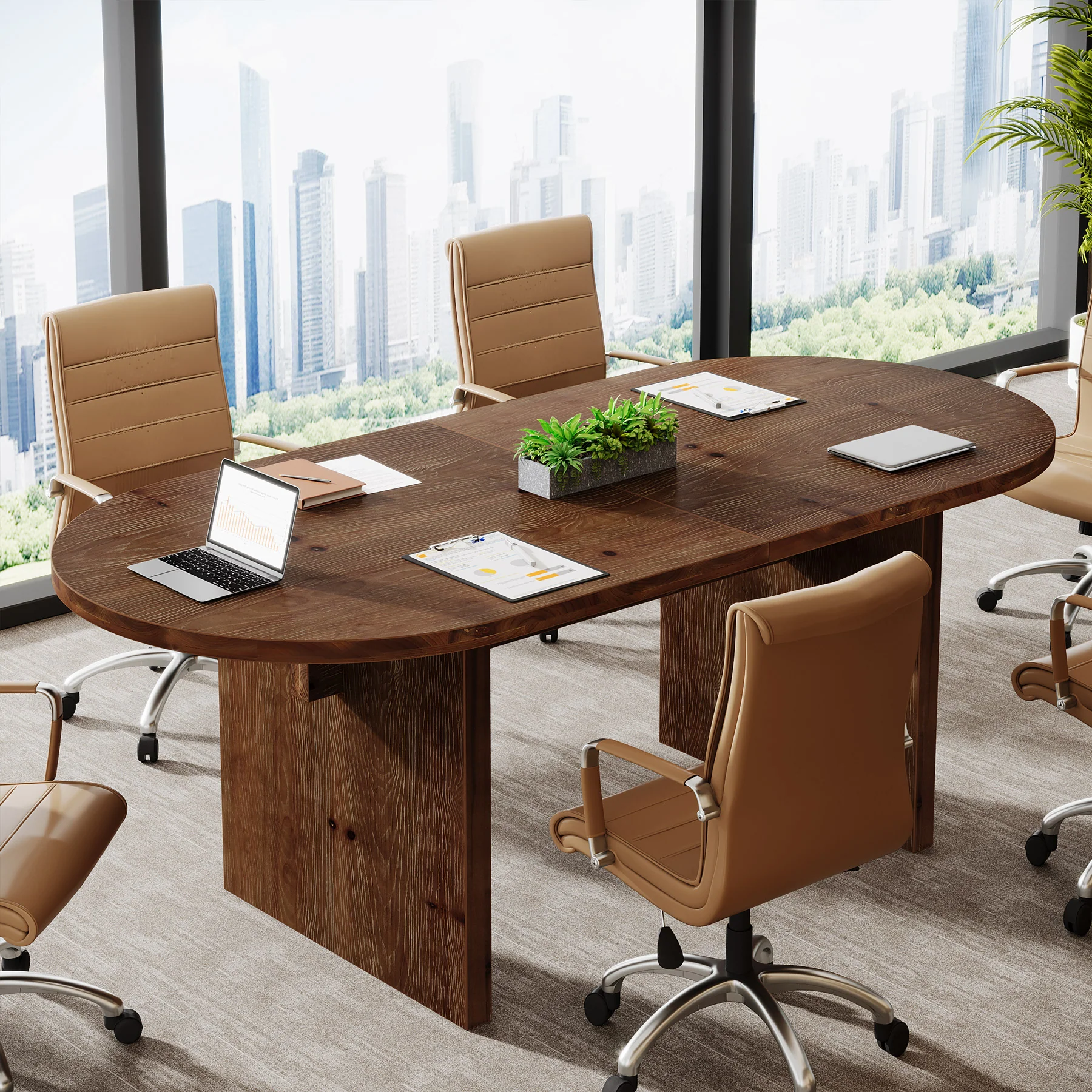 Solid Wood Conference Table, 63" Oval Executive Desks with Wood Base - Image 3
