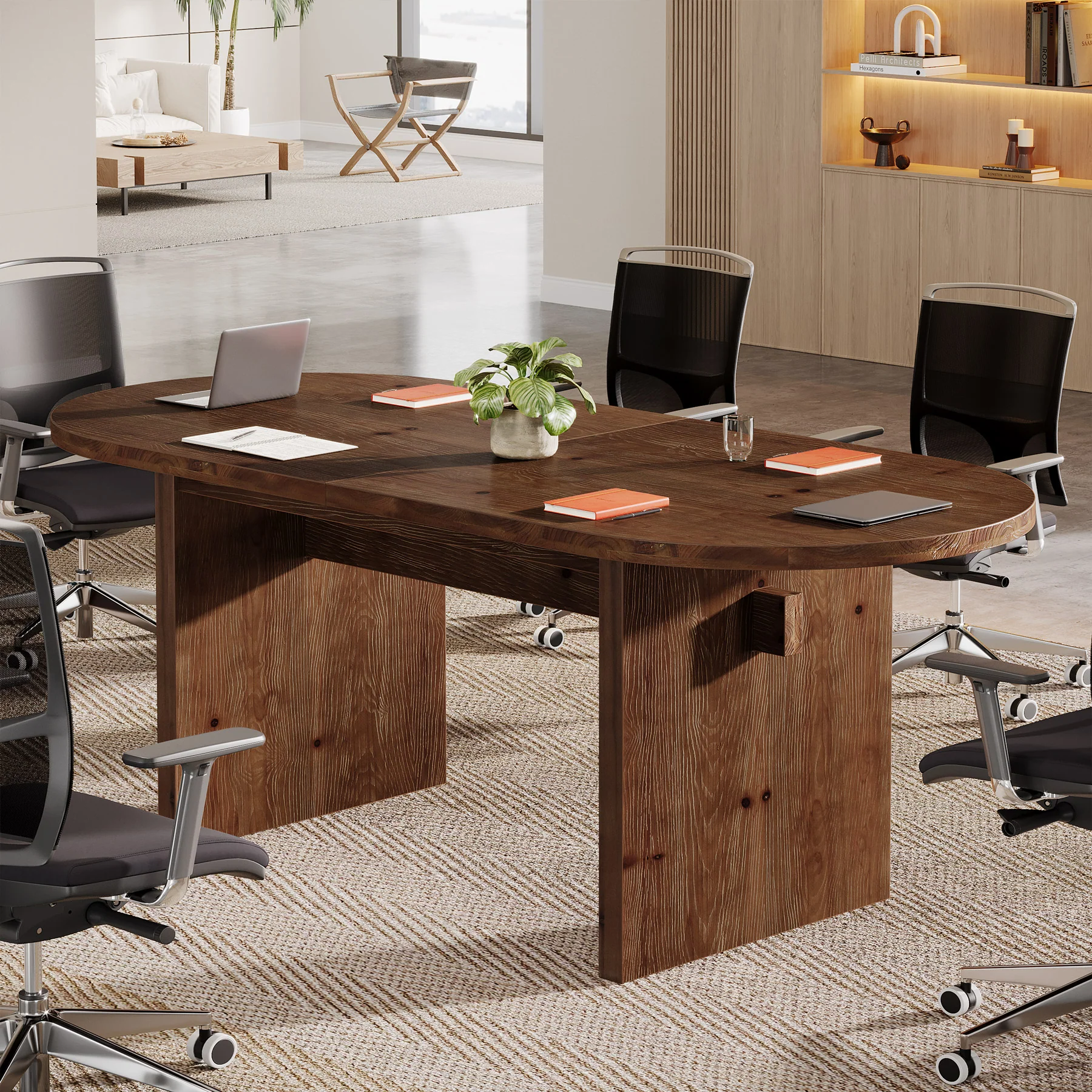 Solid Wood Conference Table, 63" Oval Executive Desks with Wood Base - Image 4