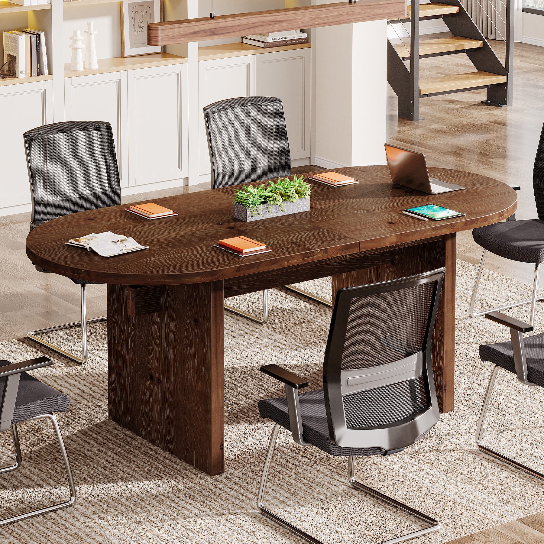 Solid Wood Conference Table, 63" Oval Executive Desks with Wood Base - Image 5