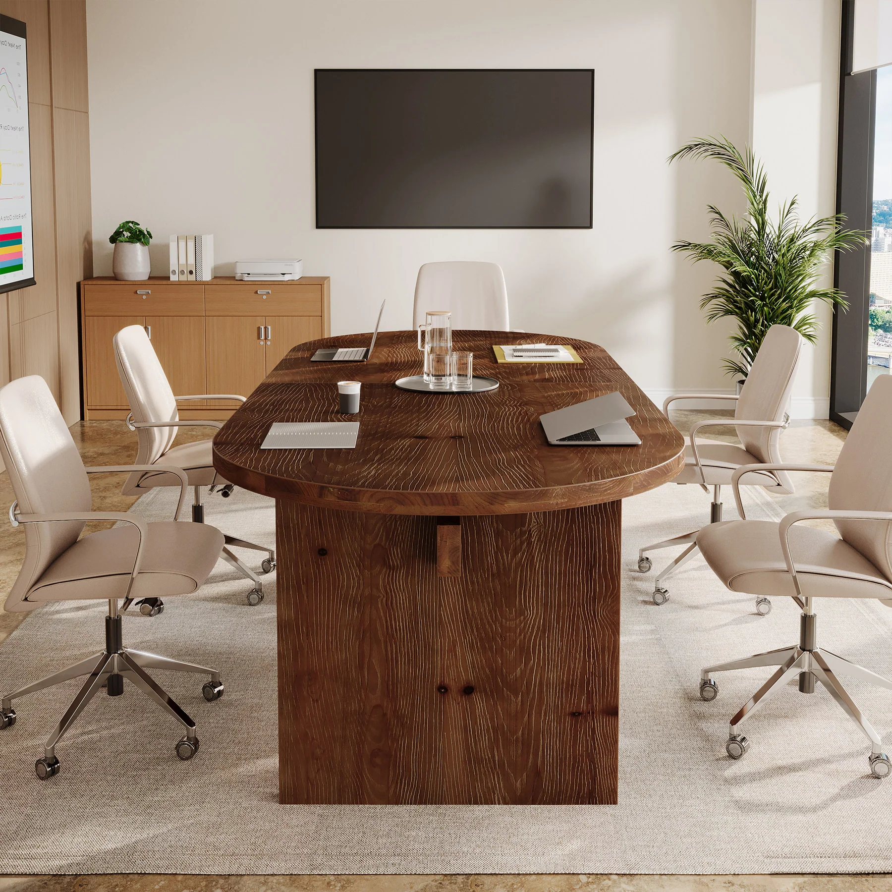 Solid Wood Conference Table, 63" Oval Executive Desks with Wood Base - Image 7