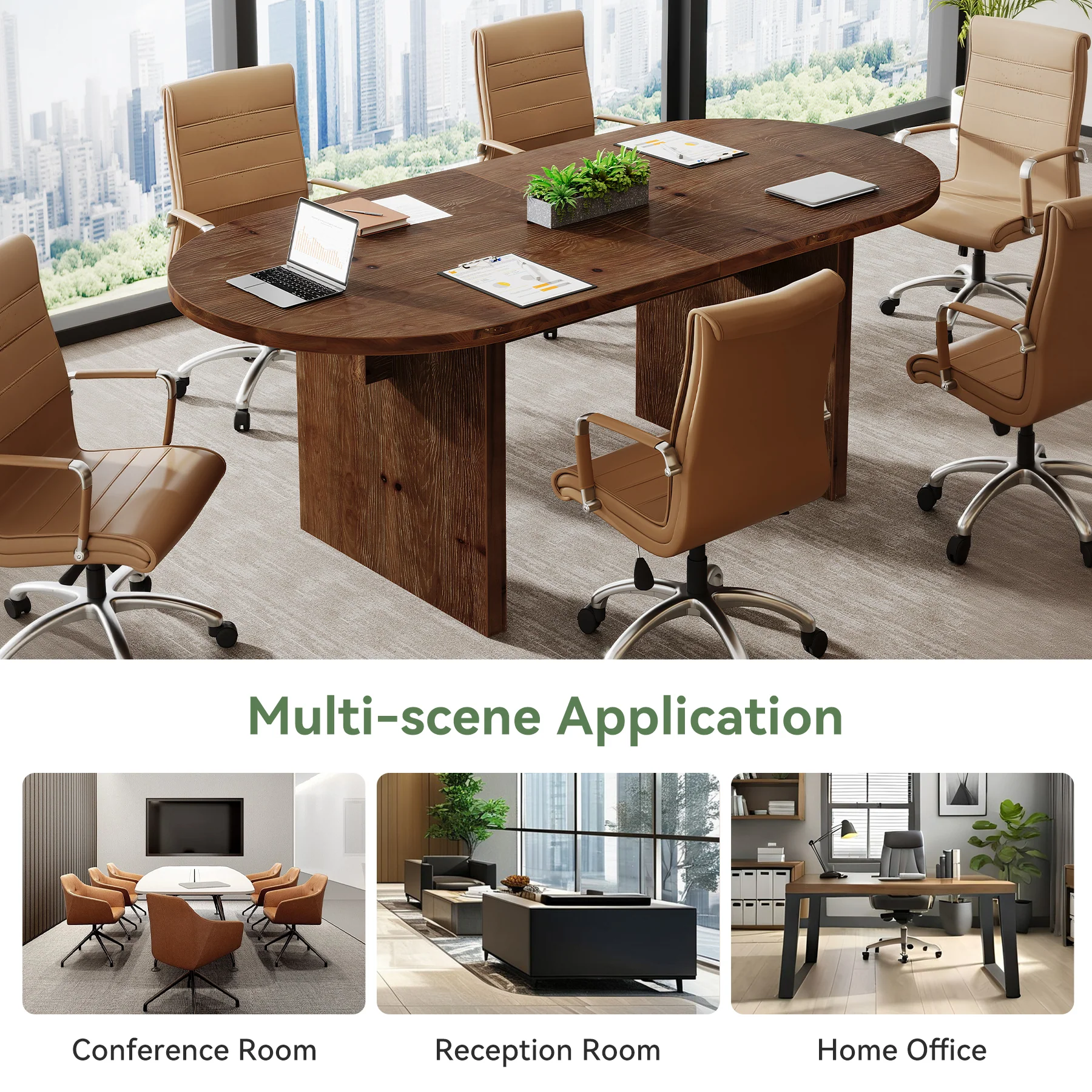 Solid Wood Conference Table, 63" Oval Executive Desks with Wood Base - Image 9