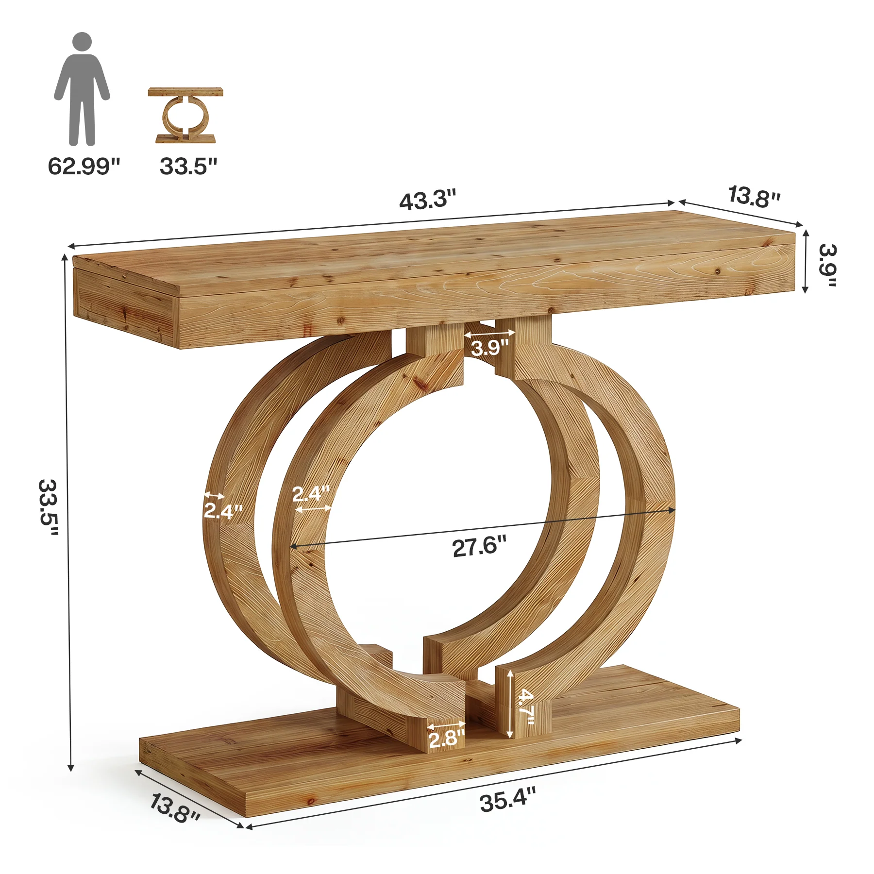 Solid Wood Console Table, 43.3" Entryway Sofa Table with Double-Circle Base for Hallway - Image 2