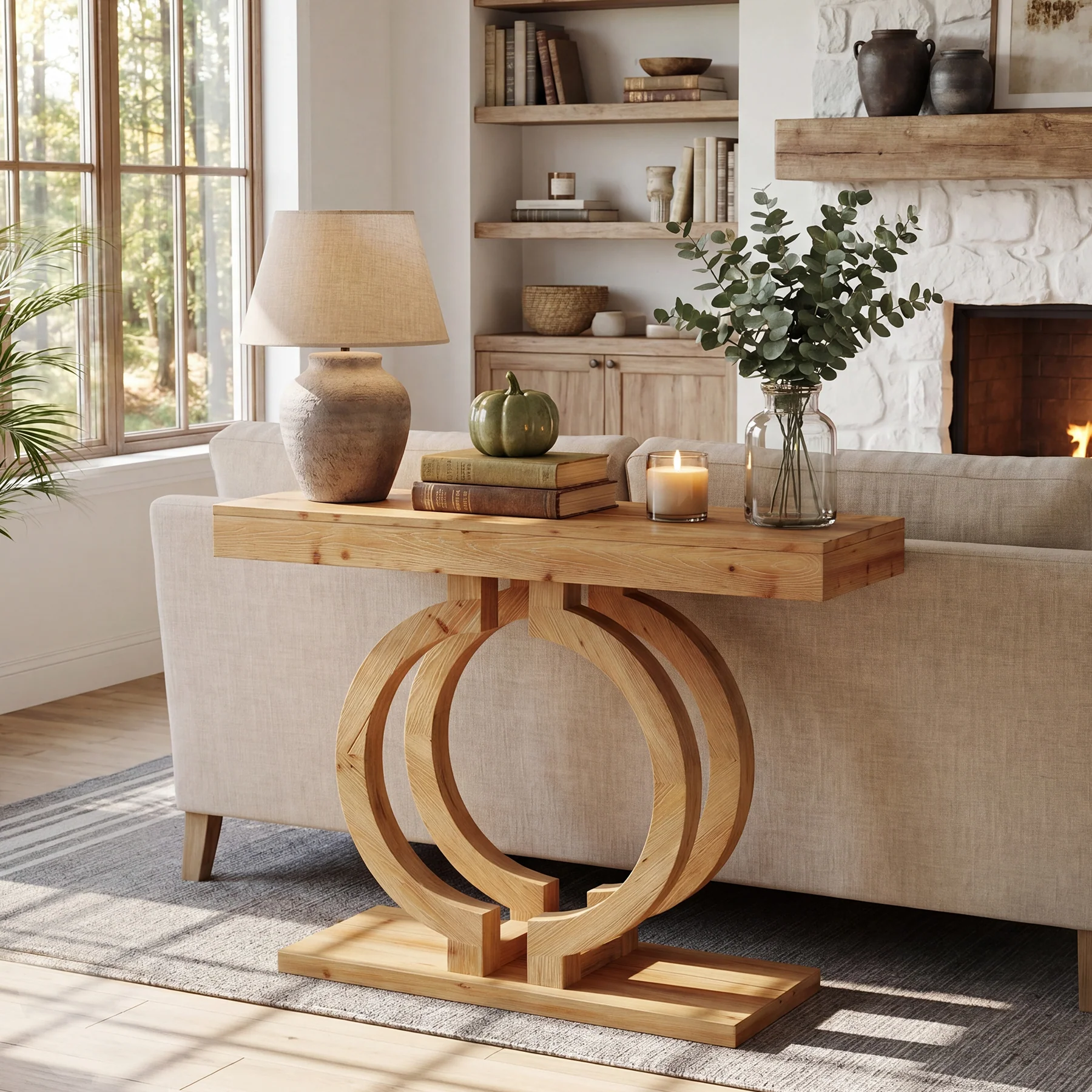 Solid Wood Console Table, 43.3" Entryway Sofa Table with Double-Circle Base for Hallway - Image 3