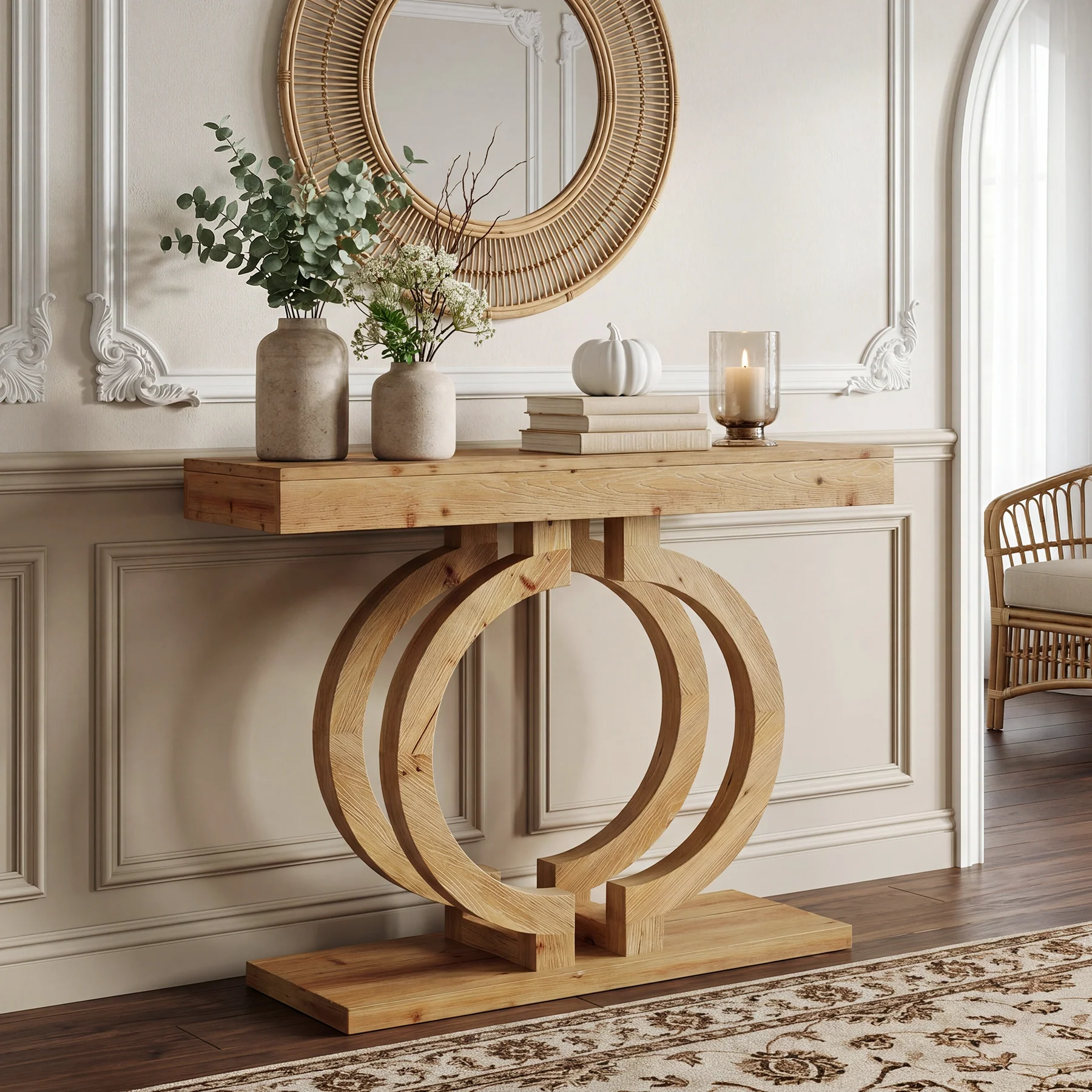 Solid Wood Console Table, 43.3" Entryway Sofa Table with Double-Circle Base for Hallway - Image 4