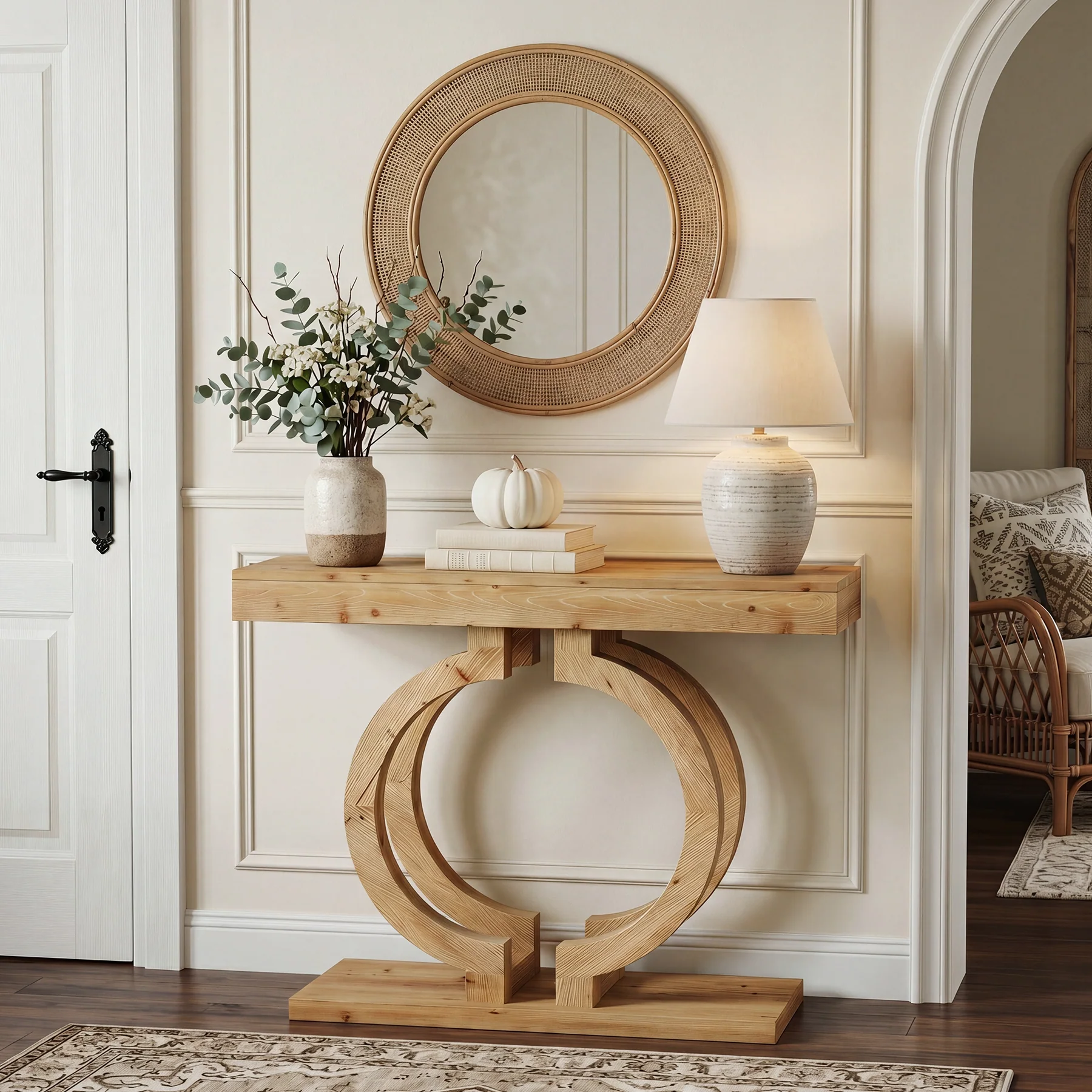 Solid Wood Console Table, 43.3" Entryway Sofa Table with Double-Circle Base for Hallway - Image 5