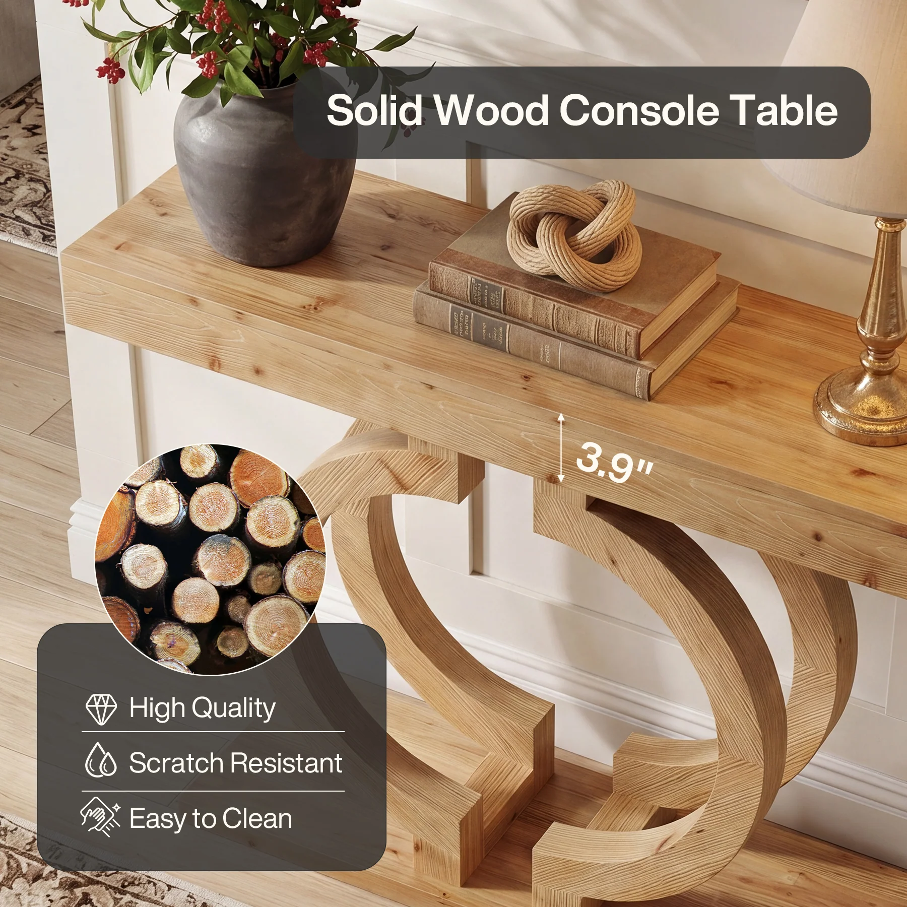 Solid Wood Console Table, 43.3" Entryway Sofa Table with Double-Circle Base for Hallway - Image 6
