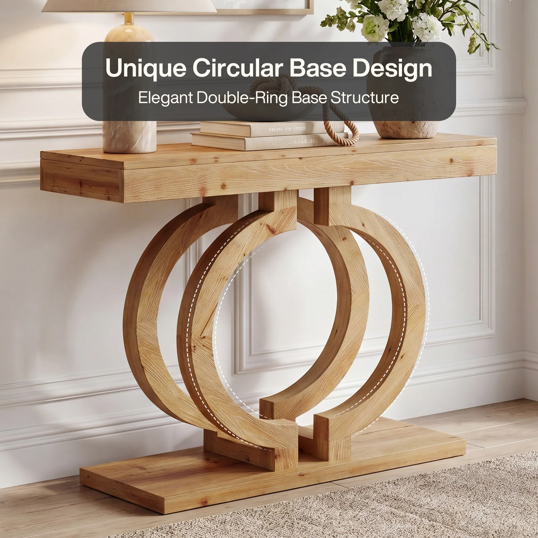 Solid Wood Console Table, 43.3" Entryway Sofa Table with Double-Circle Base for Hallway - Image 7