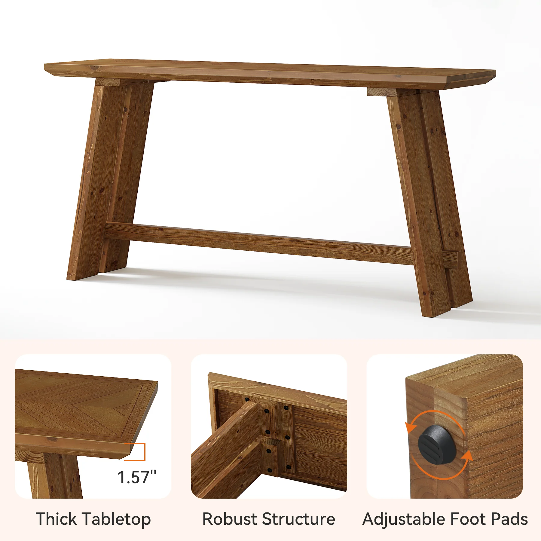 Solid Wood Console Table, 63" Farmhouse Sofa Table Behind Couch - Image 7