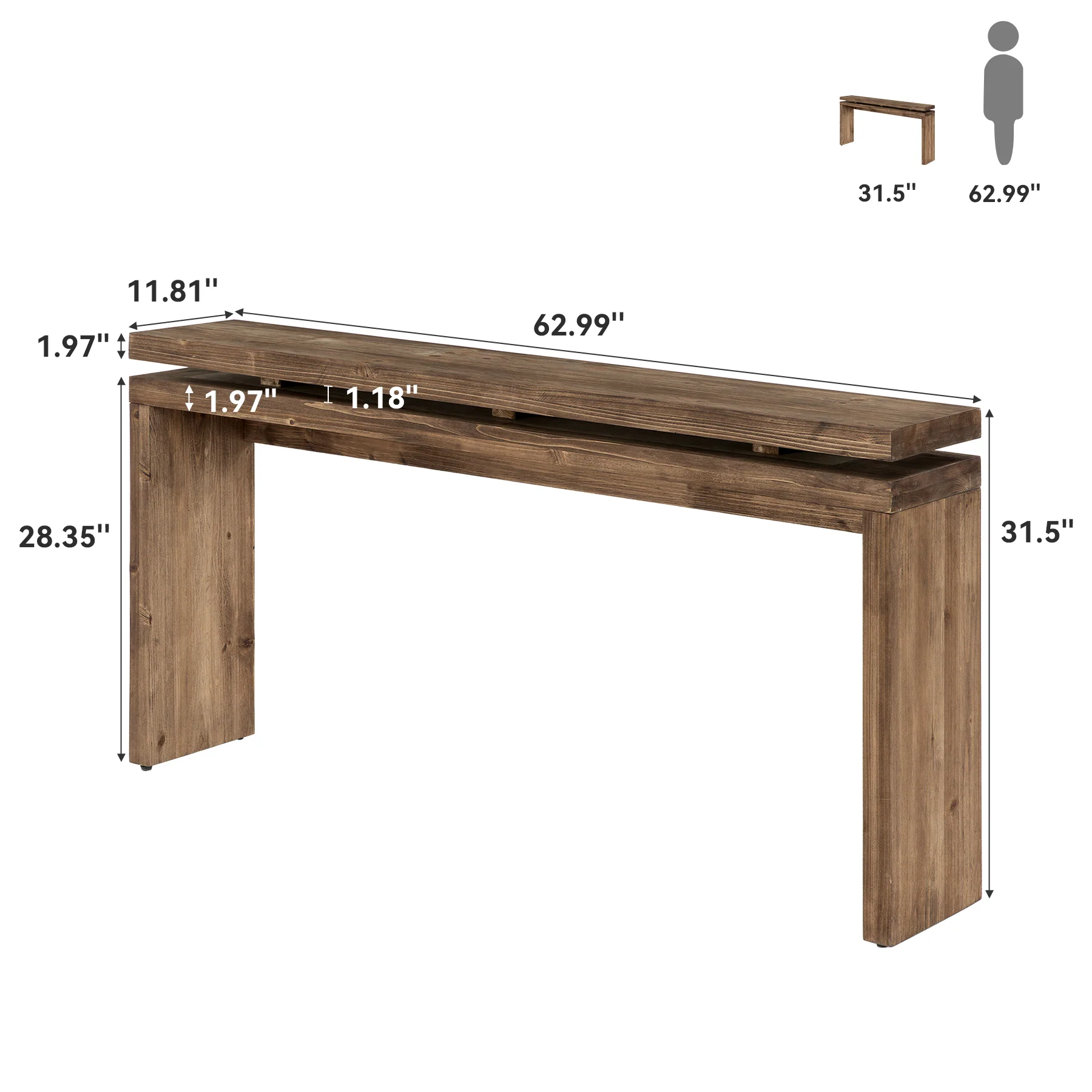 Solid Wood Console Table, 63" Farmhouse Sofa Table Behind Couch for Entryway - Image 2