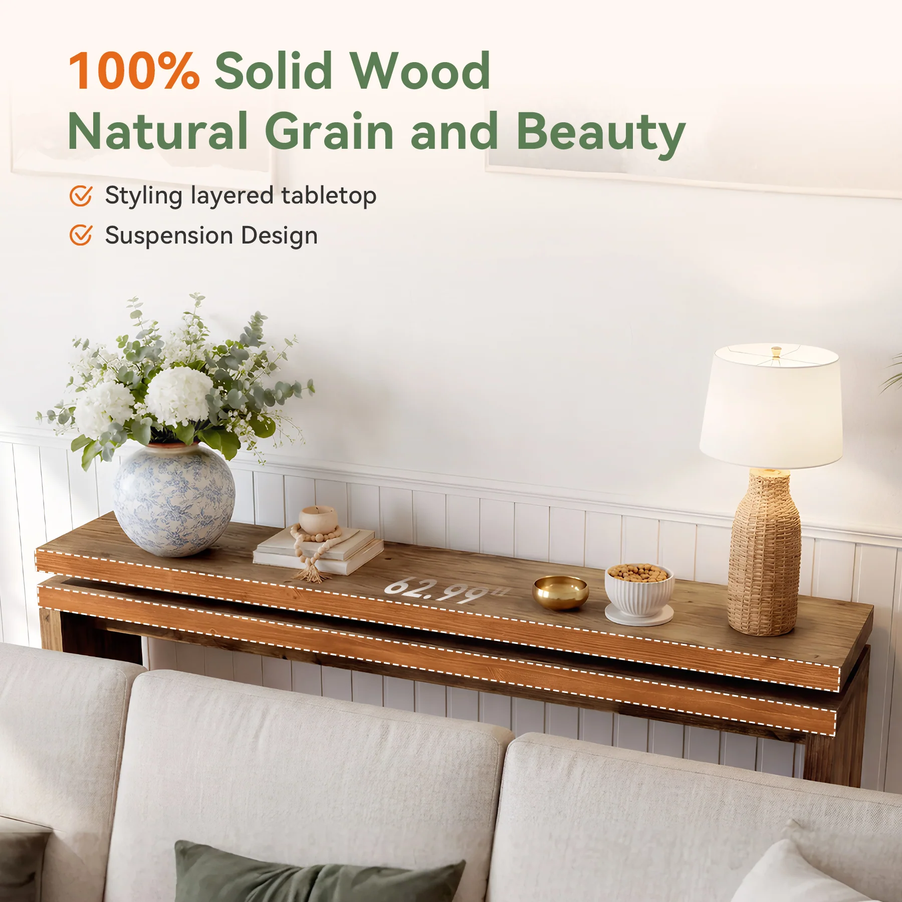 Solid Wood Console Table, 63" Farmhouse Sofa Table Behind Couch for Entryway - Image 6