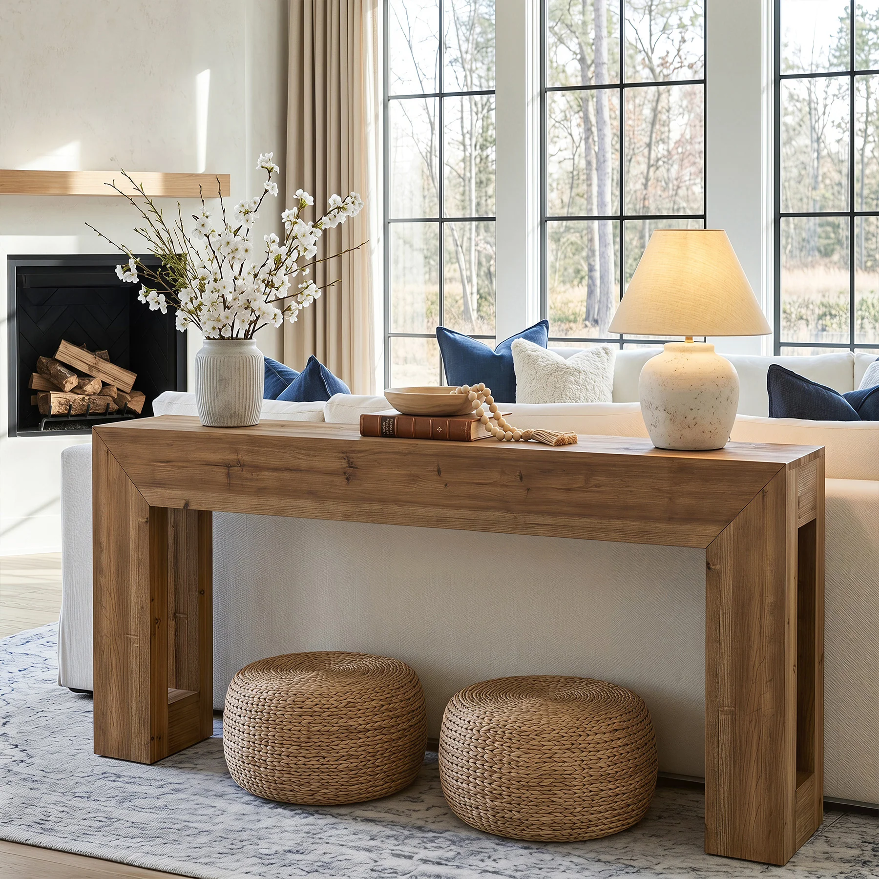 63-Inch Solid Wood Console Table with Geometric Frame, Natural Farmhouse Entryway Table - Image 10