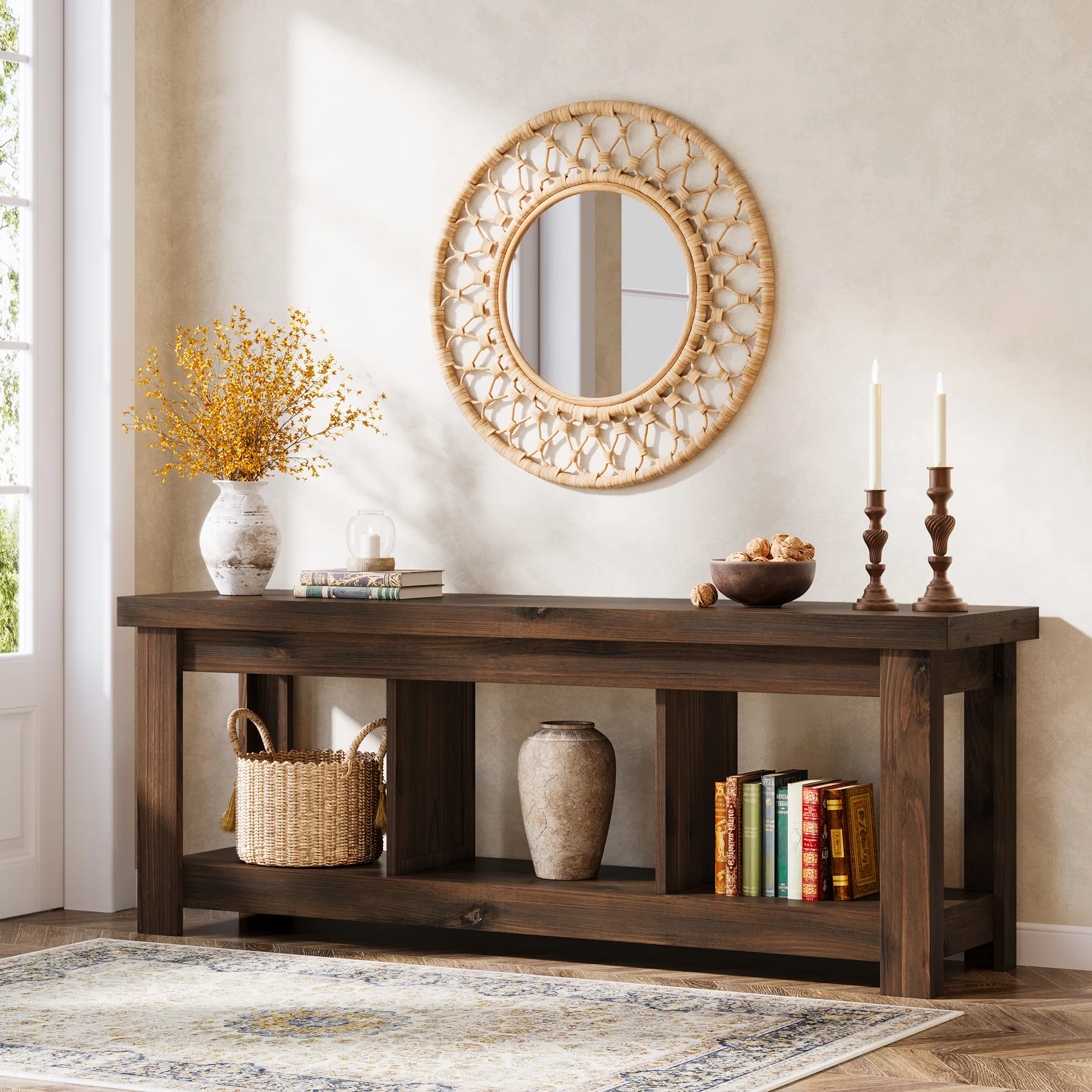 Solid Wood Console Table, 63" Sofa Entryway Table With 3 Open Shelves - Image 10
