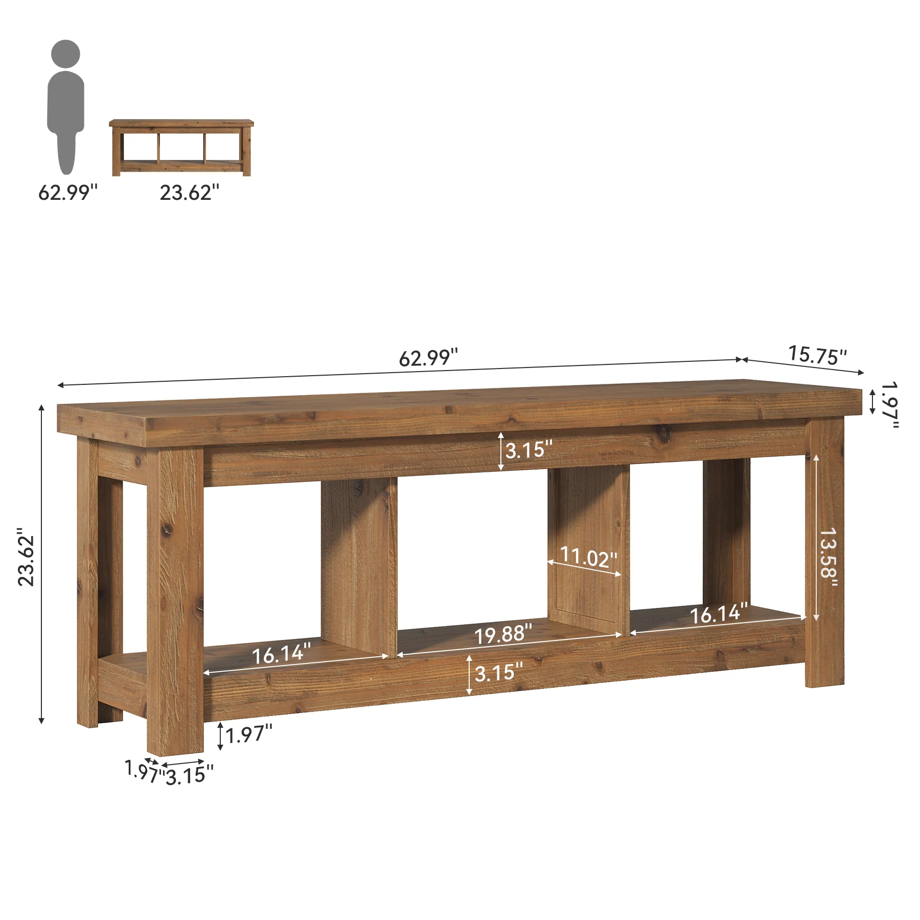 Solid Wood Console Table, 63" Sofa Entryway Table With 3 Open Shelves - Image 2