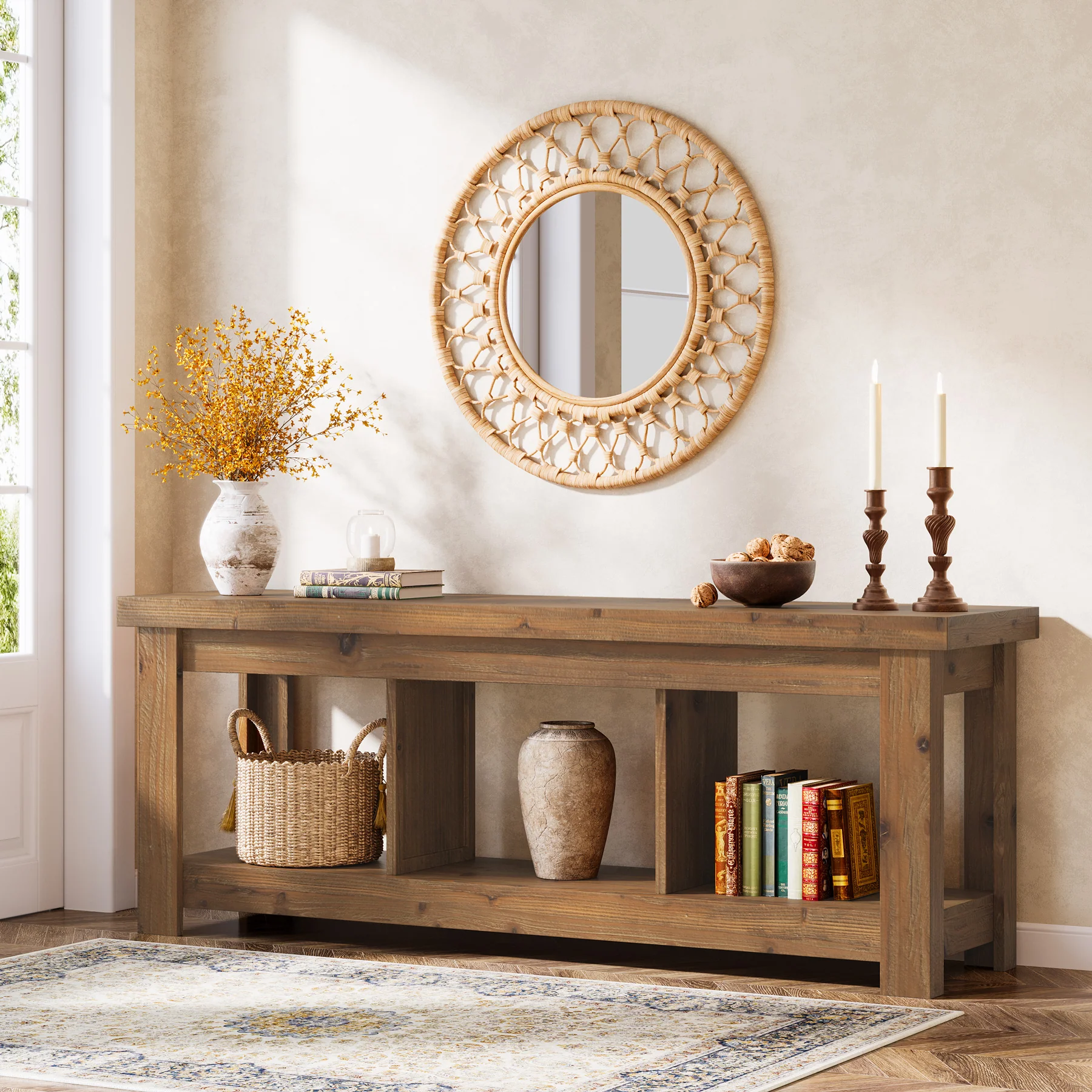 Solid Wood Console Table, 63" Sofa Entryway Table With 3 Open Shelves - Image 3