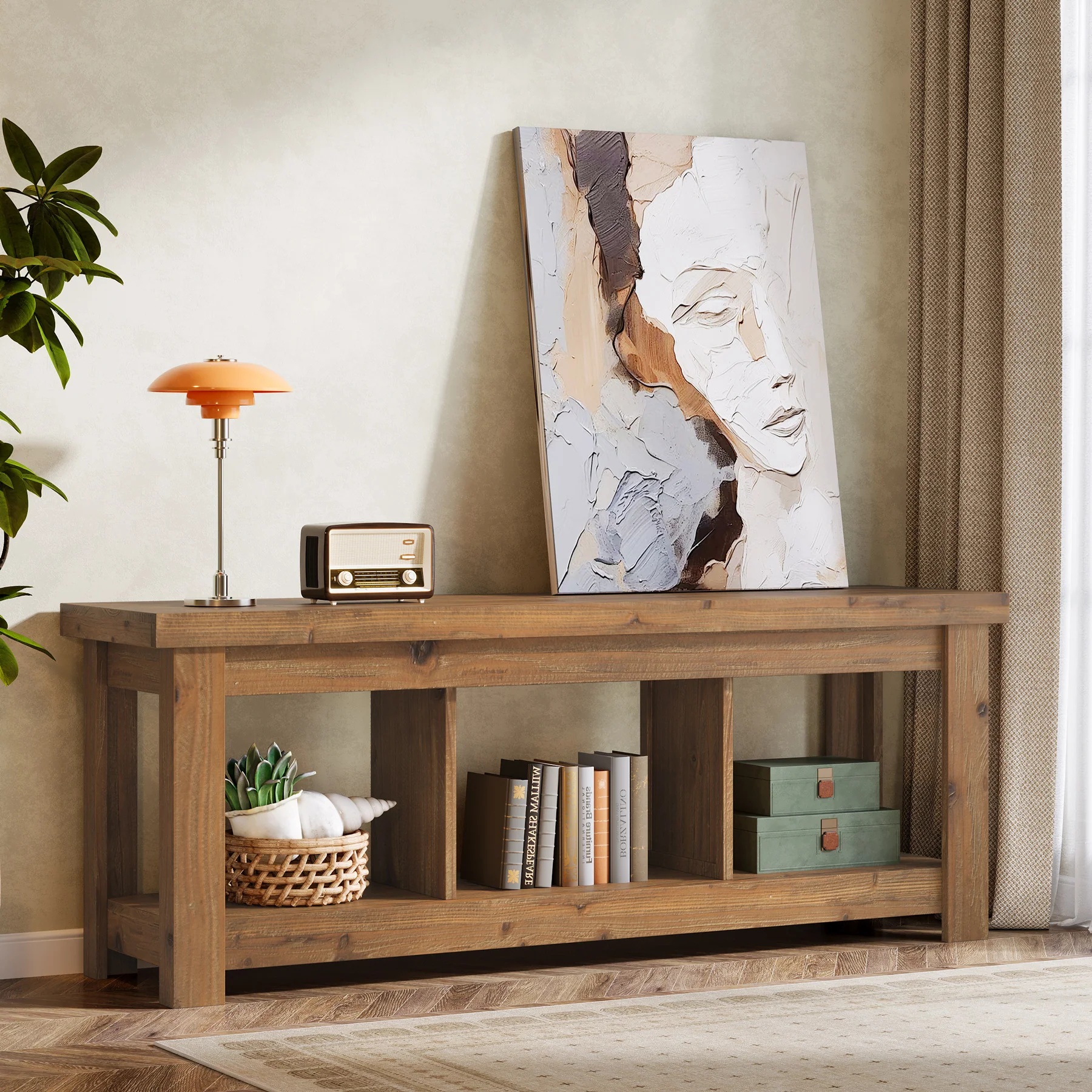 Solid Wood Console Table, 63" Sofa Entryway Table With 3 Open Shelves - Image 4