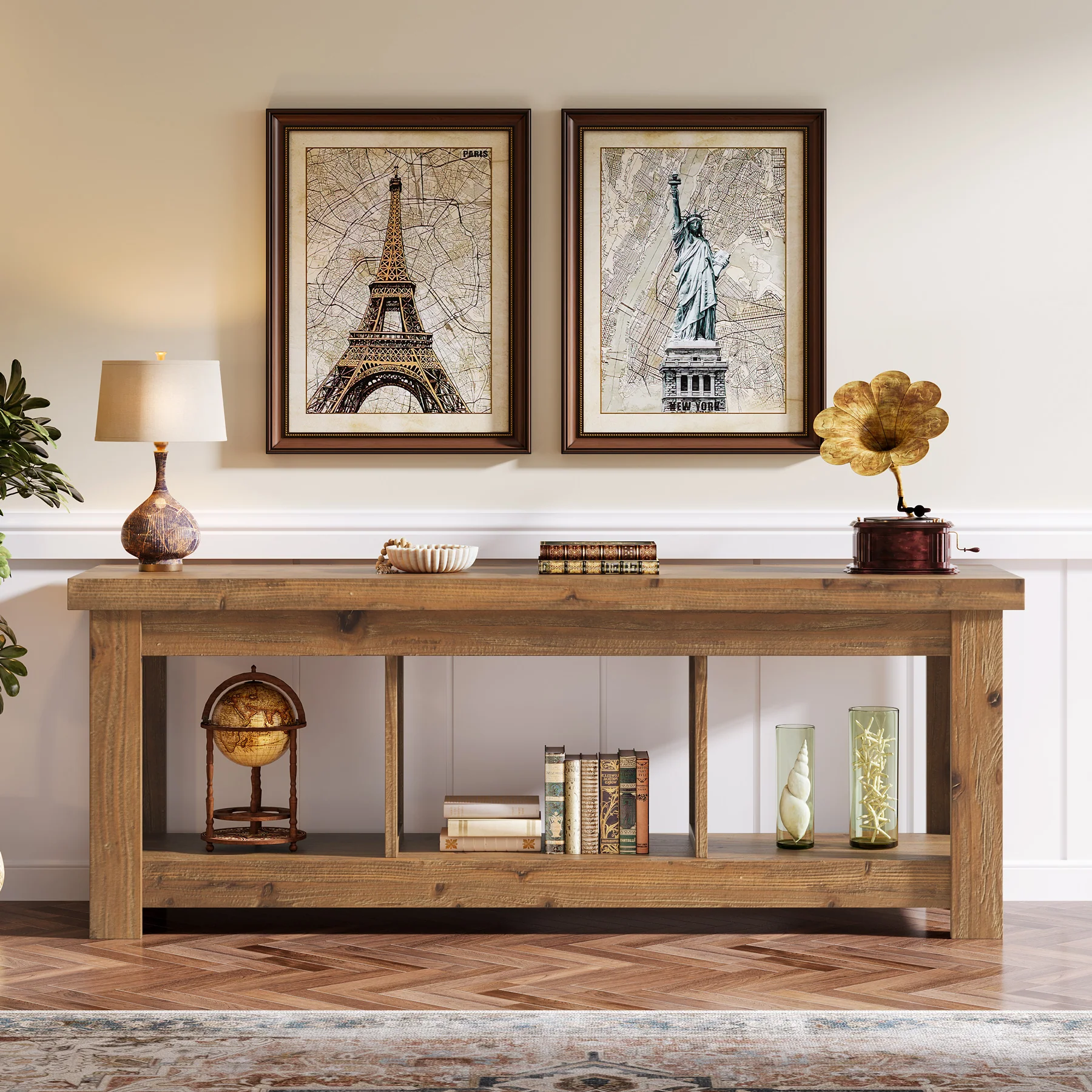 Solid Wood Console Table, 63" Sofa Entryway Table With 3 Open Shelves - Image 5