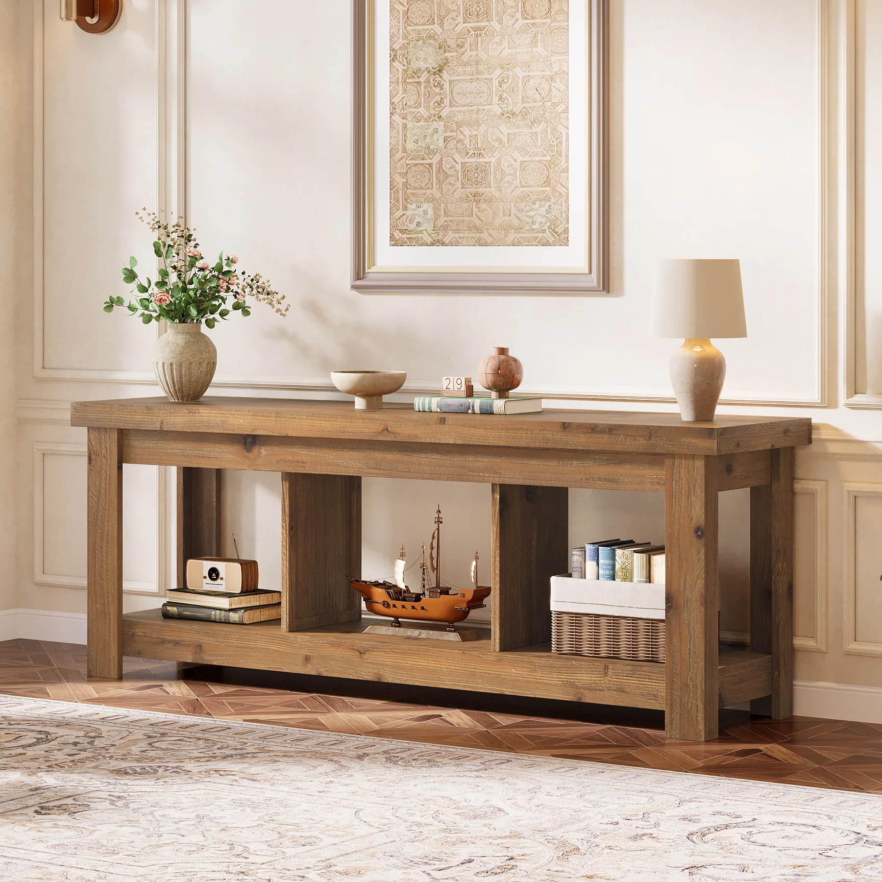Solid Wood Console Table, 63" Sofa Entryway Table With 3 Open Shelves - Image 6