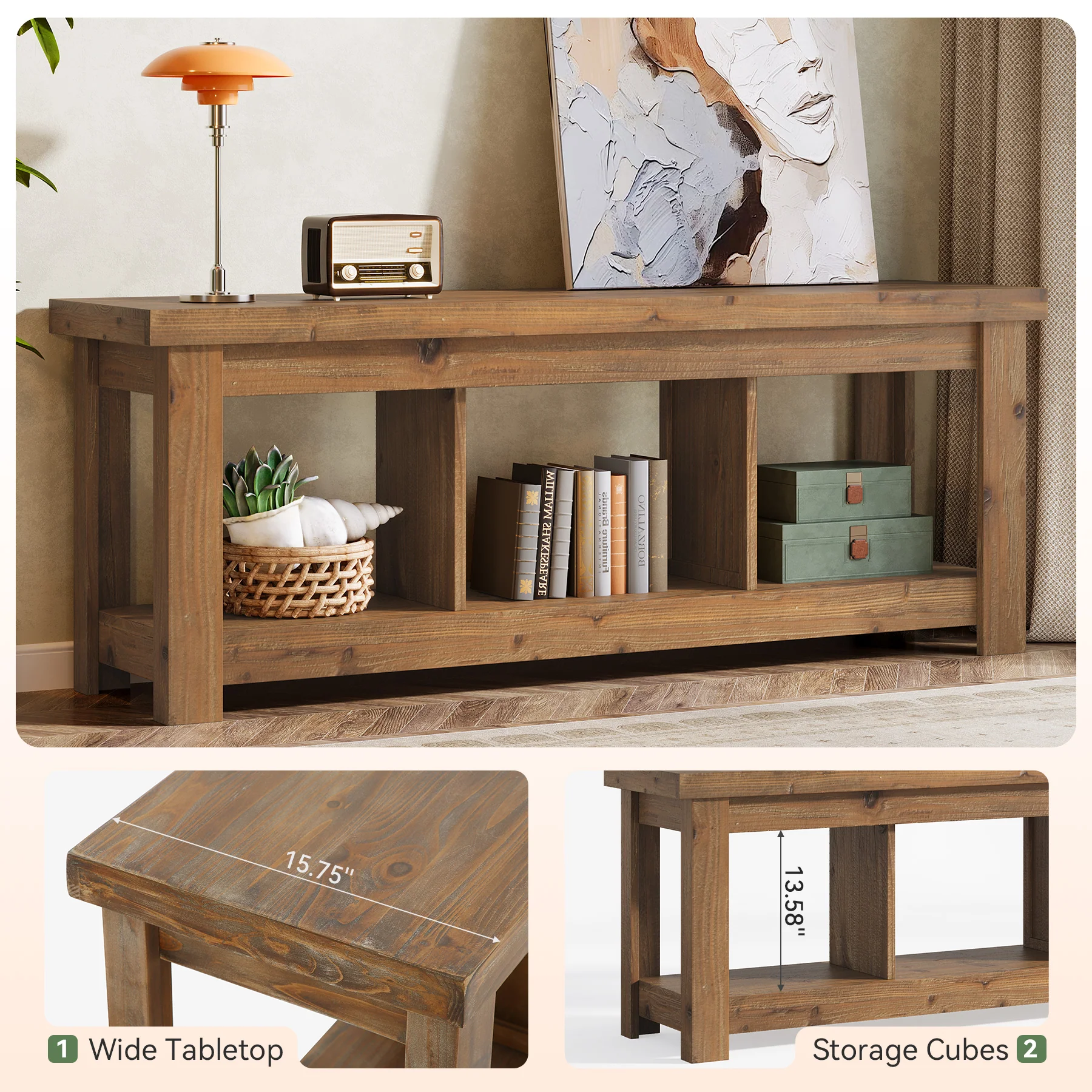 Solid Wood Console Table, 63" Sofa Entryway Table With 3 Open Shelves - Image 7