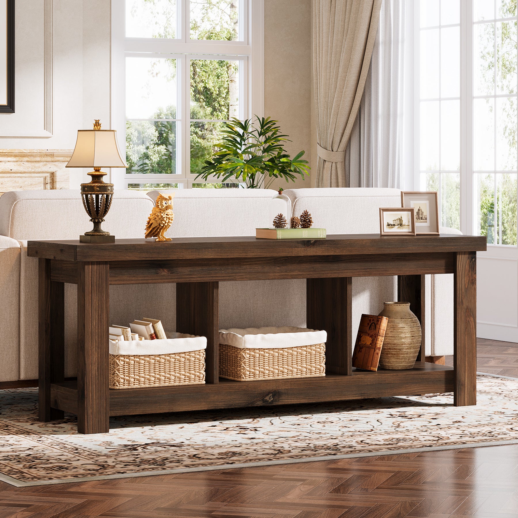 Solid Wood Console Table, 63" Sofa Entryway Table With 3 Open Shelves - Image 9