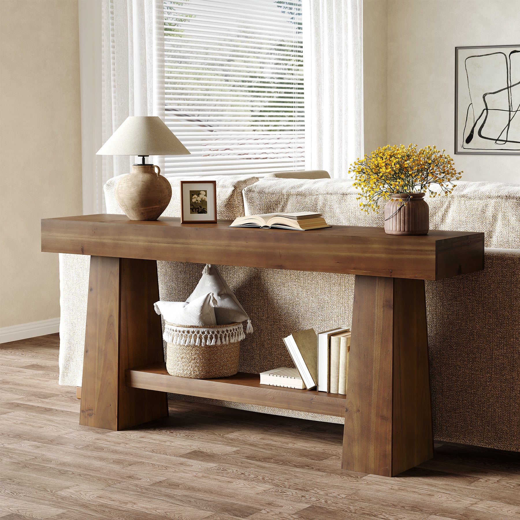 Solid Wood Console Table, 63" Wooden Entryway Sofa Table with Storage - Image 5