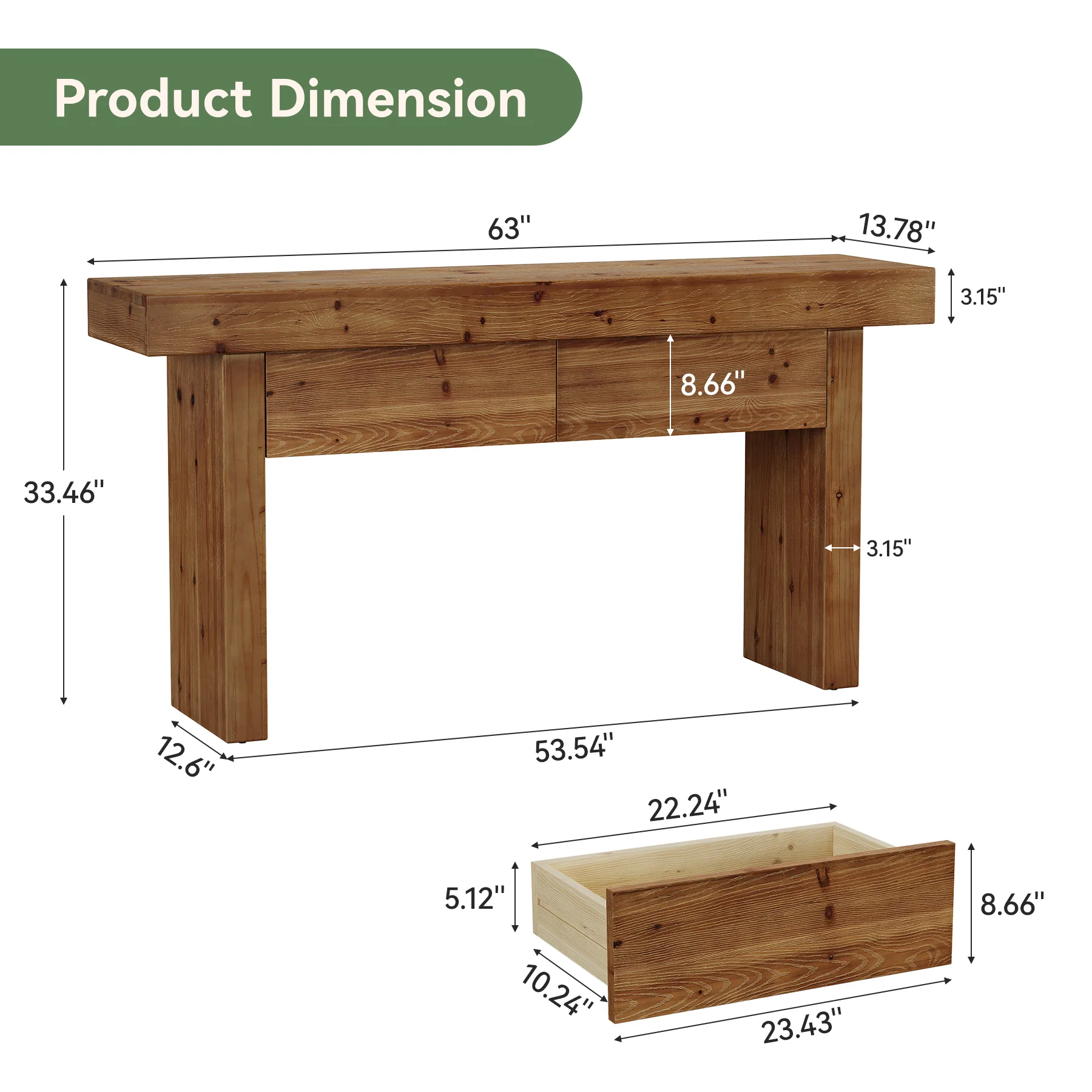Solid Wood Console Table with 2 Drawers, 63" Farmhouse Entryway Sofa Table Behind Couch - Image 2