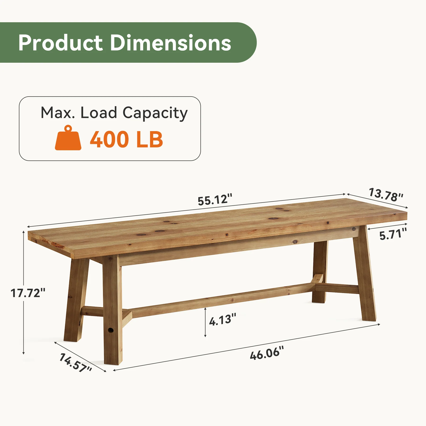 55" Solid Wood Bench, Farmhouse Long Bench Seat for Entryway - Image 2
