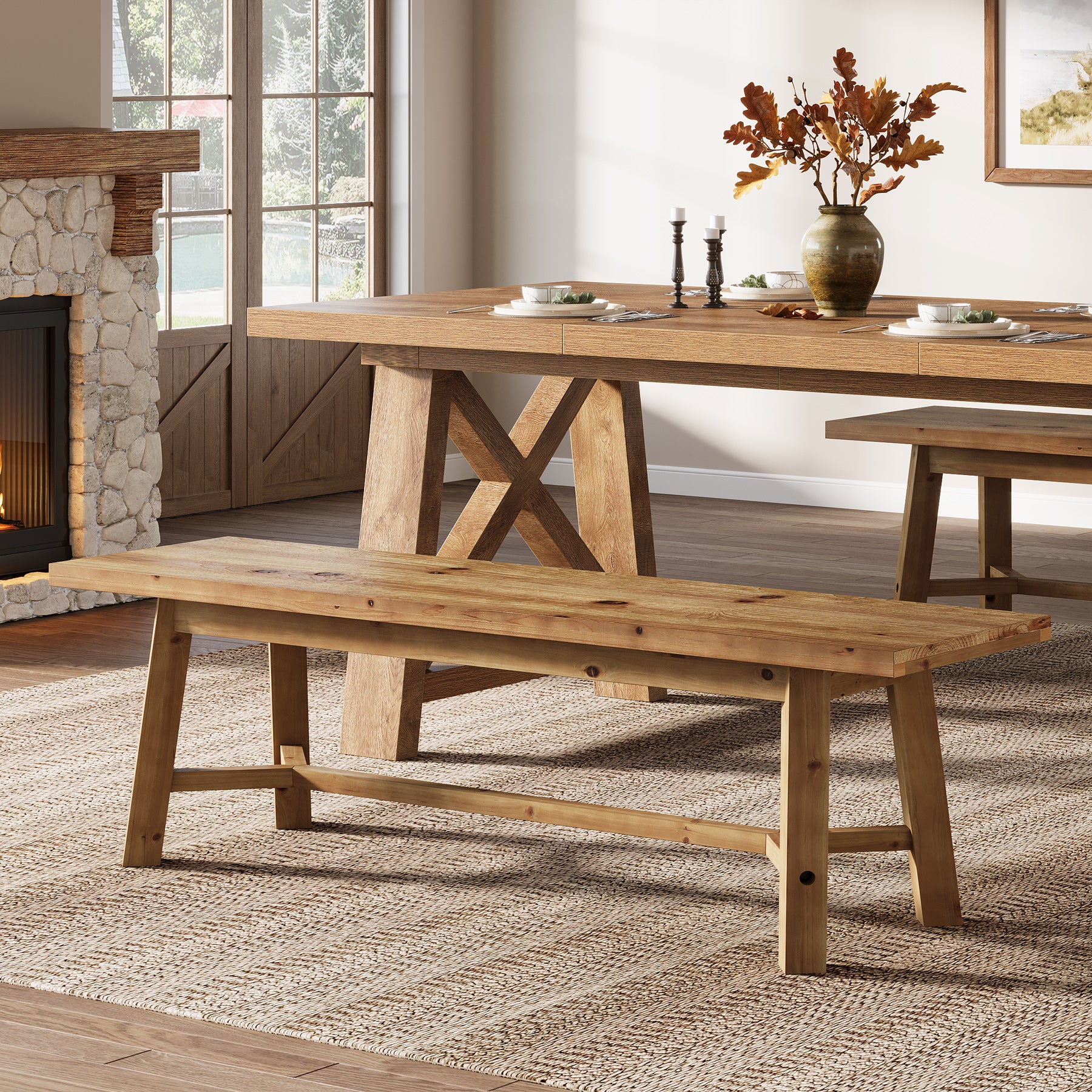 Solid Wood Dining Bench, 55.12" Kitchen Bench with Strengthened Legs - Image 3