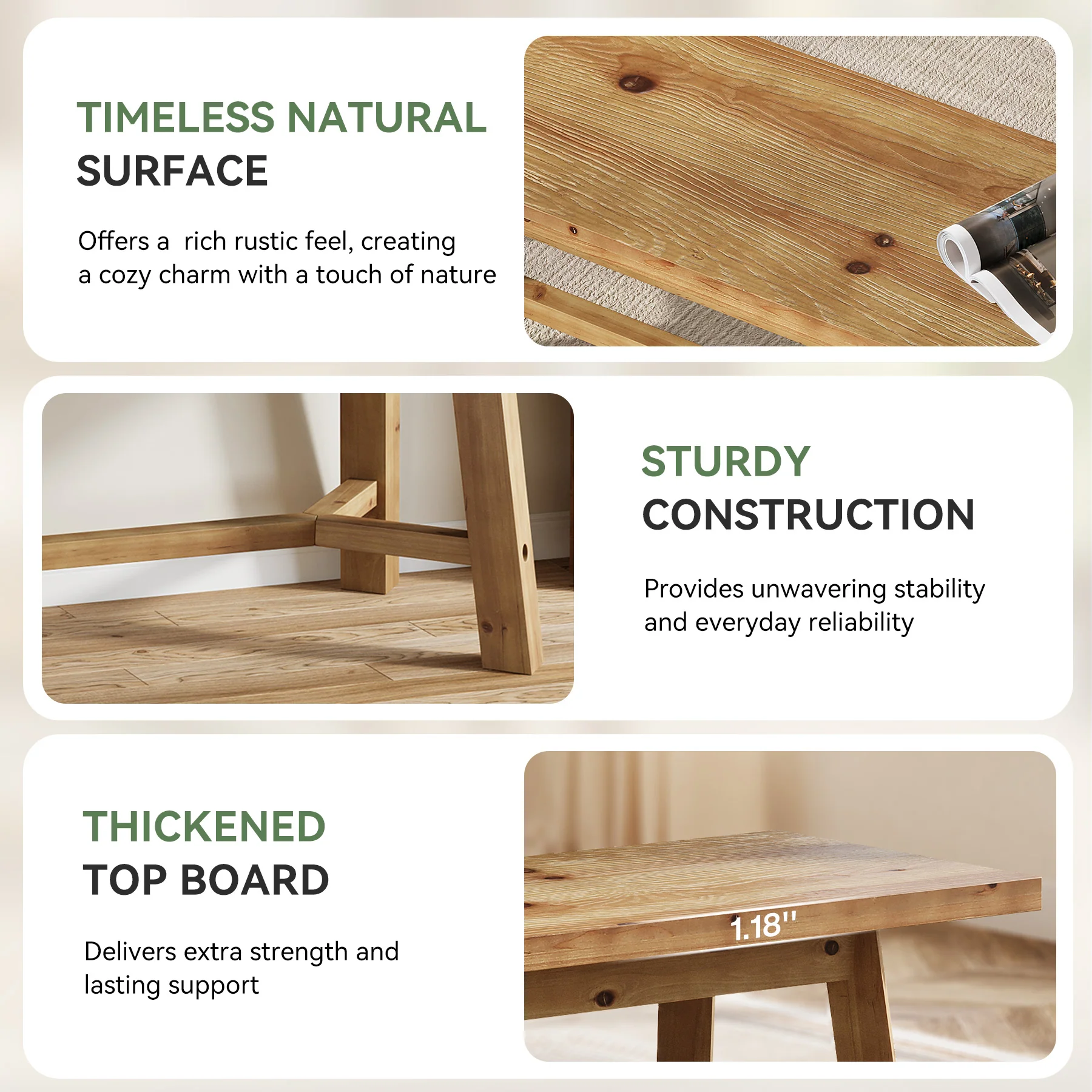 Solid Wood Dining Bench, 55.12" Kitchen Bench with Strengthened Legs - Image 8