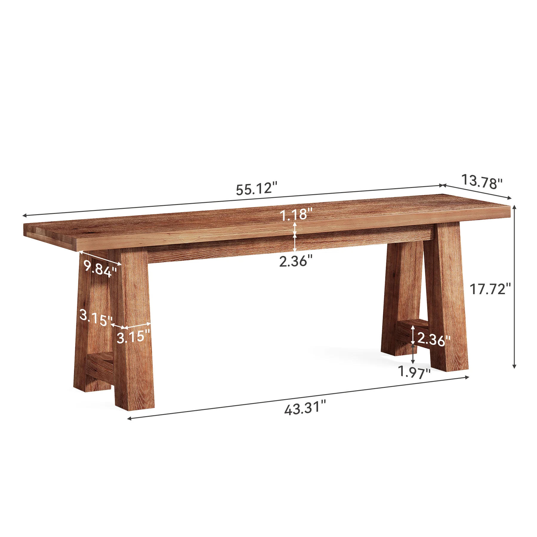 Solid Wood Dining Bench, 55" Entryway Bench with A-Shaped Legs - Image 2