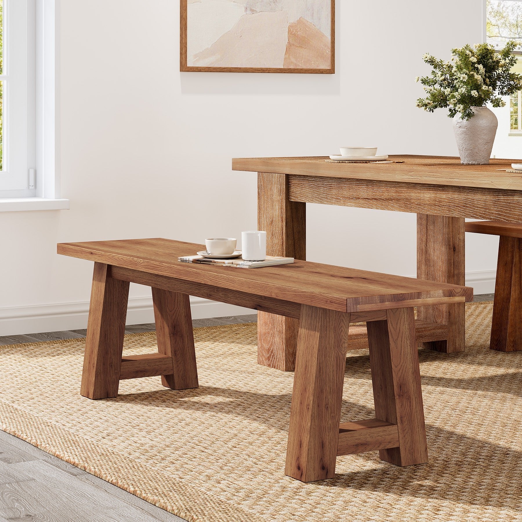 Solid Wood Dining Bench, 55" Entryway Bench with A-Shaped Legs - Image 4