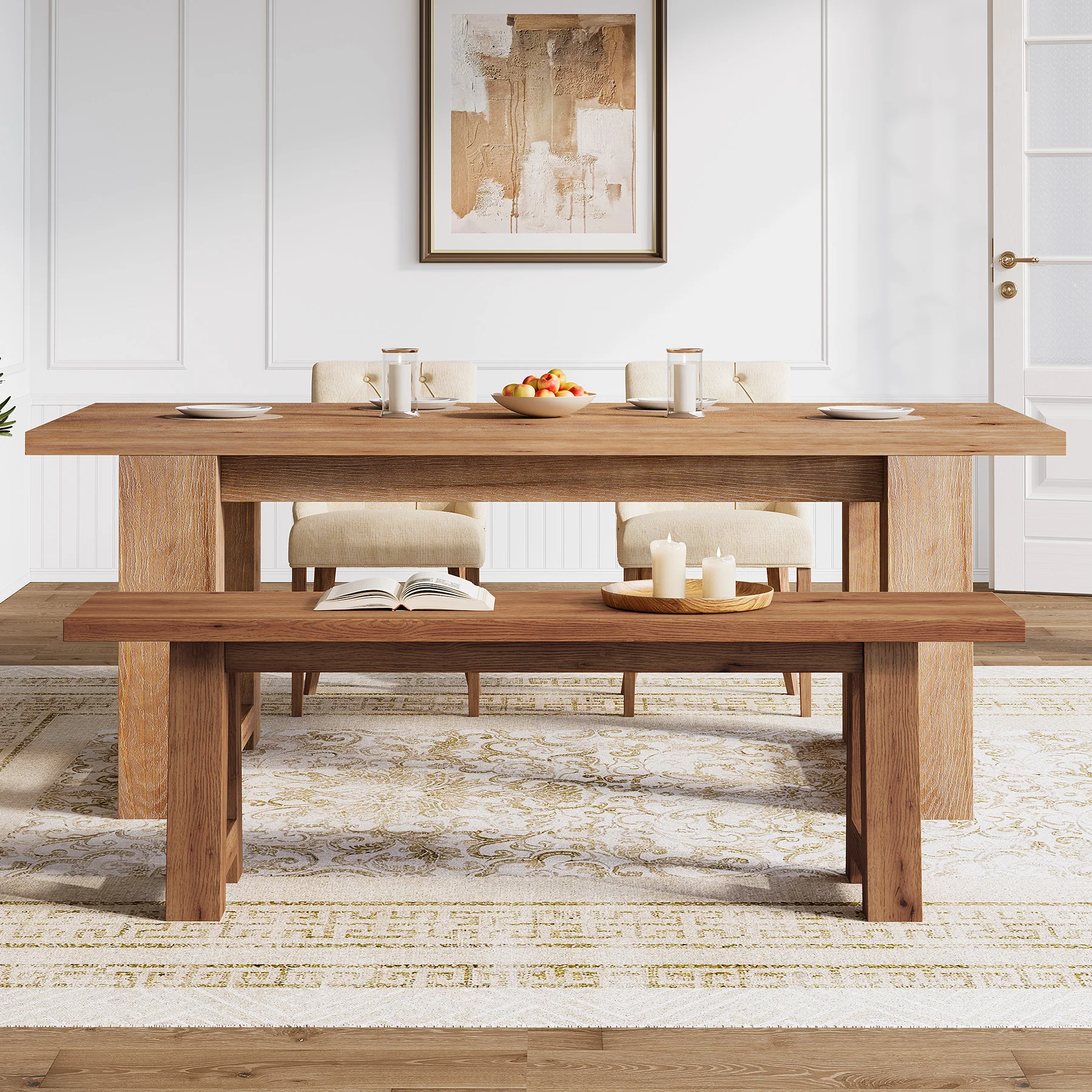 Solid Wood Dining Bench, 55" Entryway Bench with A-Shaped Legs - Image 5