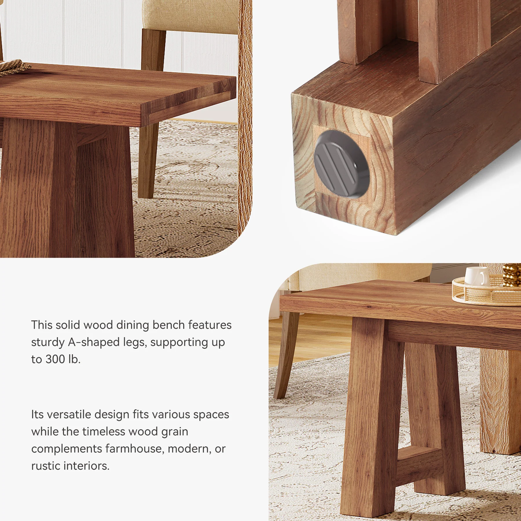 Solid Wood Dining Bench, 55" Entryway Bench with A-Shaped Legs - Image 7