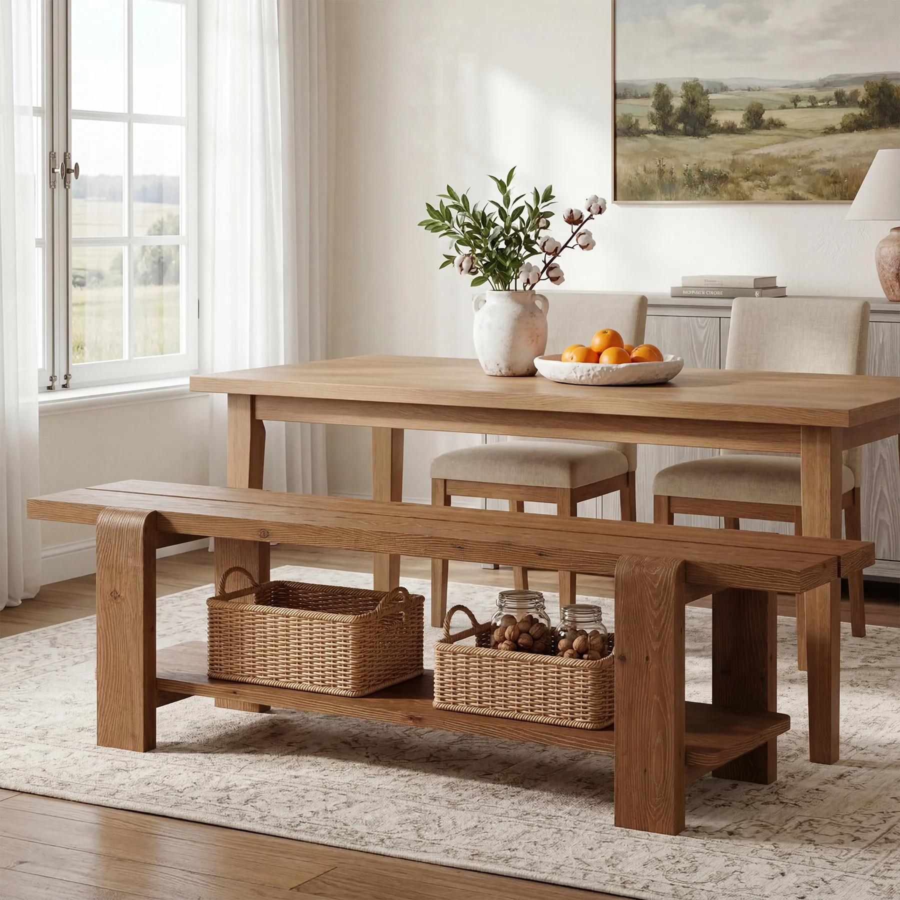 63" Solid Wood Dining Bench, Rustic Kitchen Bench with Storage Shelf (Only Bench)