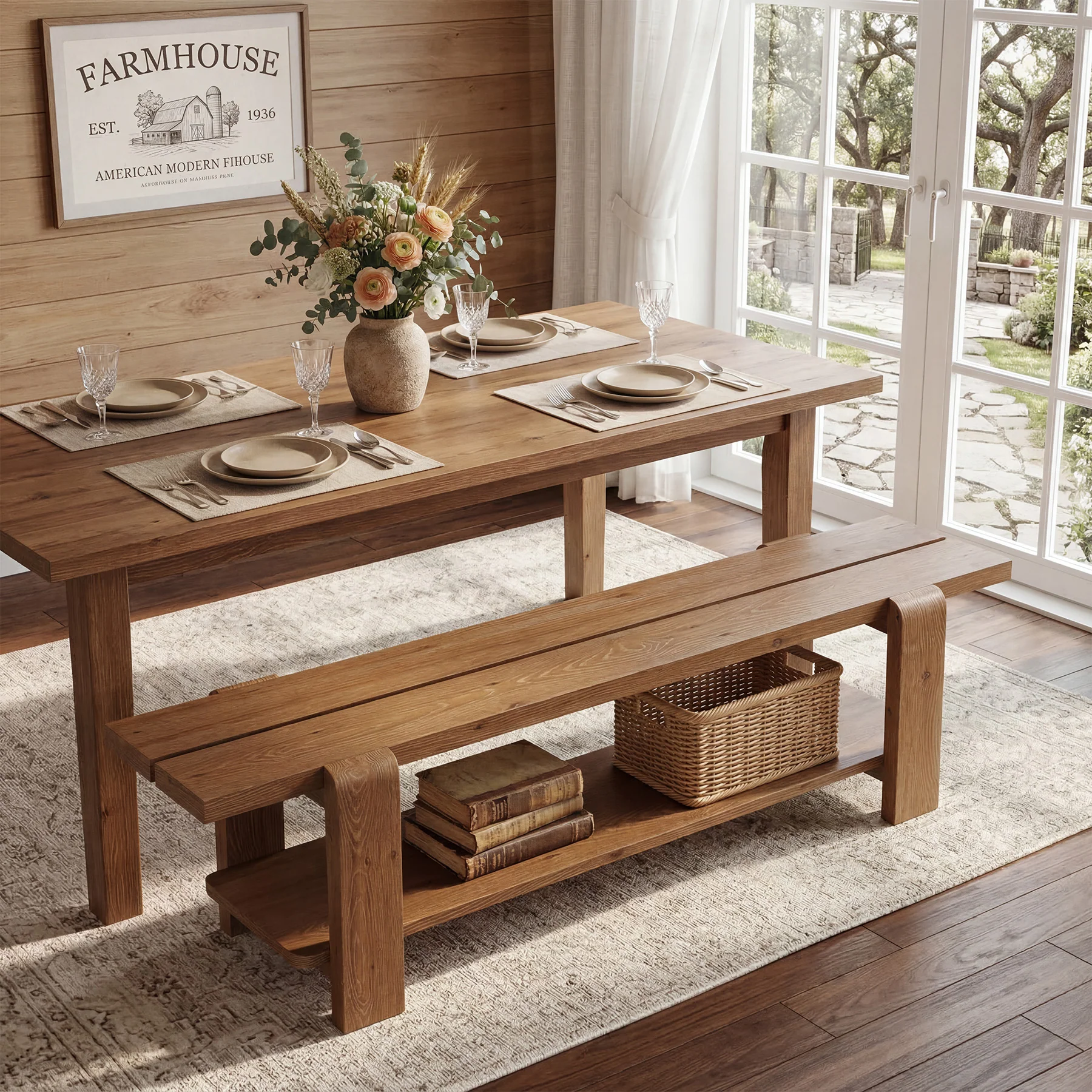 63" Solid Wood Dining Bench, Rustic Kitchen Bench with Storage Shelf (Only Bench) - Image 3